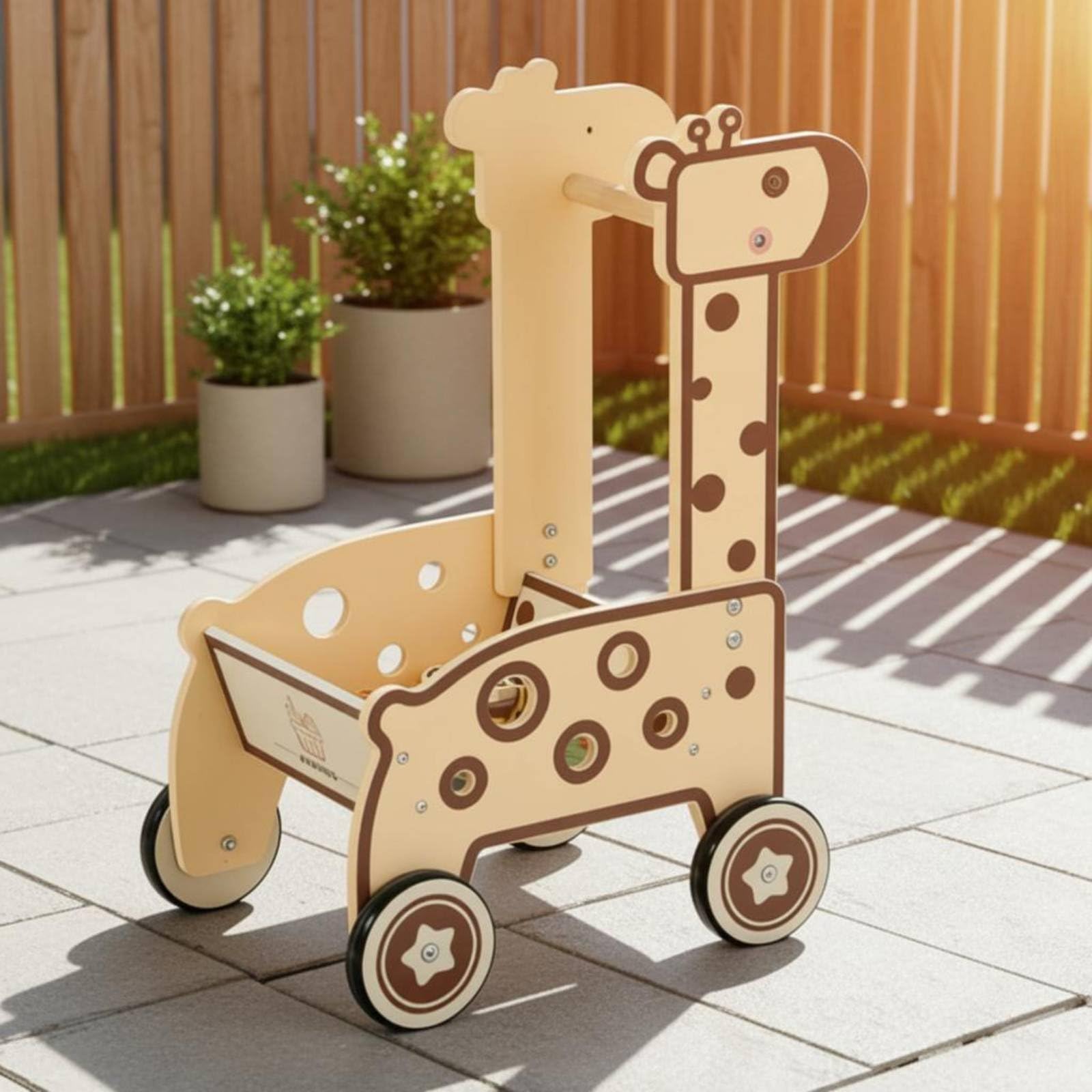Colcolo Kinder Lernwagen Holz Tier Schiebewagen Einkaufswagen Spielzeug Laufhilfe Einstellbarer Griff Großer Stauraum für Rollenspiel Und Lernphasen Fördert