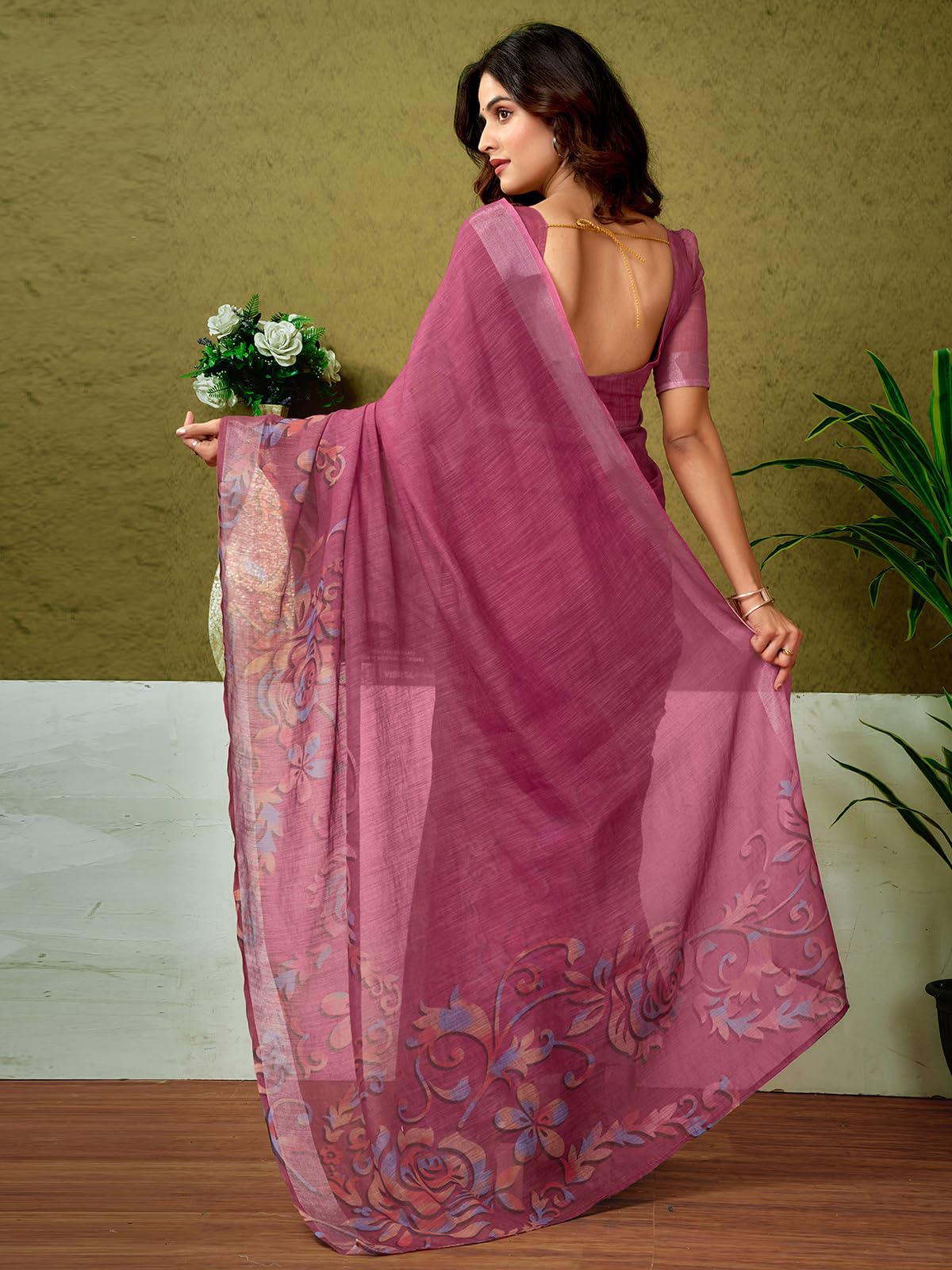 Satrani Women's Linen Zari Border Printed Ready To Wear One Minute Pre Pleated Readymade Saree With Unstitched Blouse Piece (34Rs323N_Dusty Rani Pink)