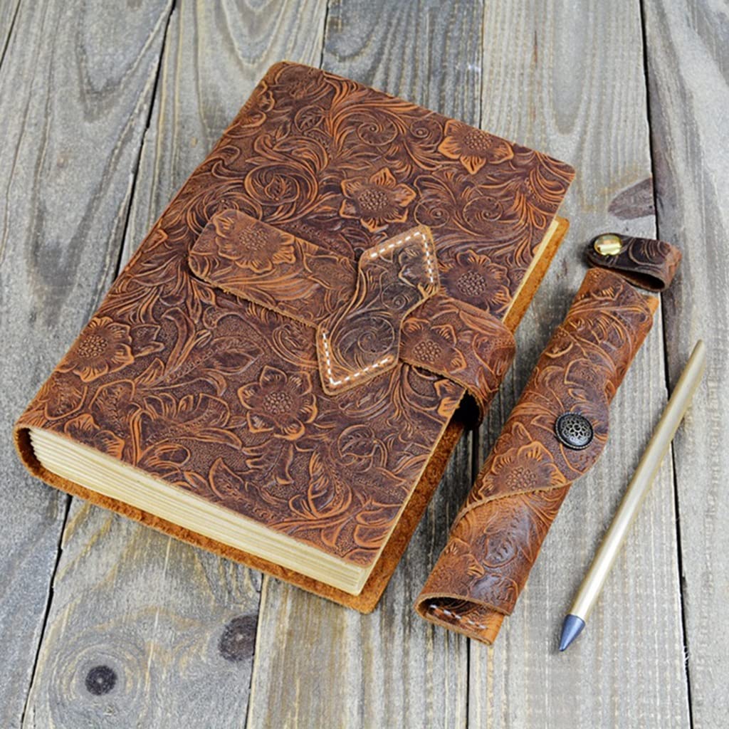 Cuaderno A5 con Flores en Relieve A5, Cuaderno de Notas de Cuero Genuino Hecho a Mano, Diario Retro, Diario de Viaje, Escuela, Oficina, Estudiante, Bloc de Notas