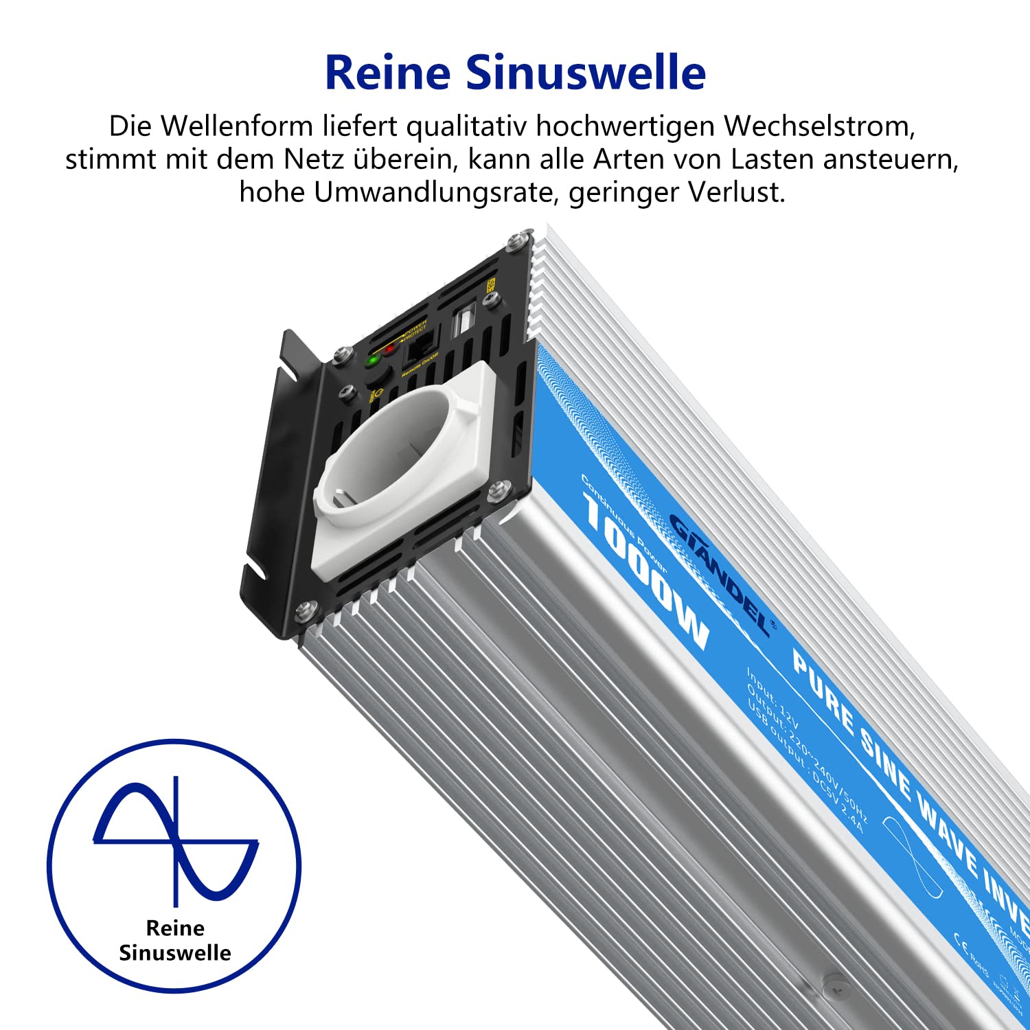 GIANDEL 1000W KFZ Wechselrichter 12V auf 230V Reiner Sinus Spannungswandler Umwandler-Inverter Konverter mit Fernbedienung EU-Steckdose & 2.4A USB-Anschluss