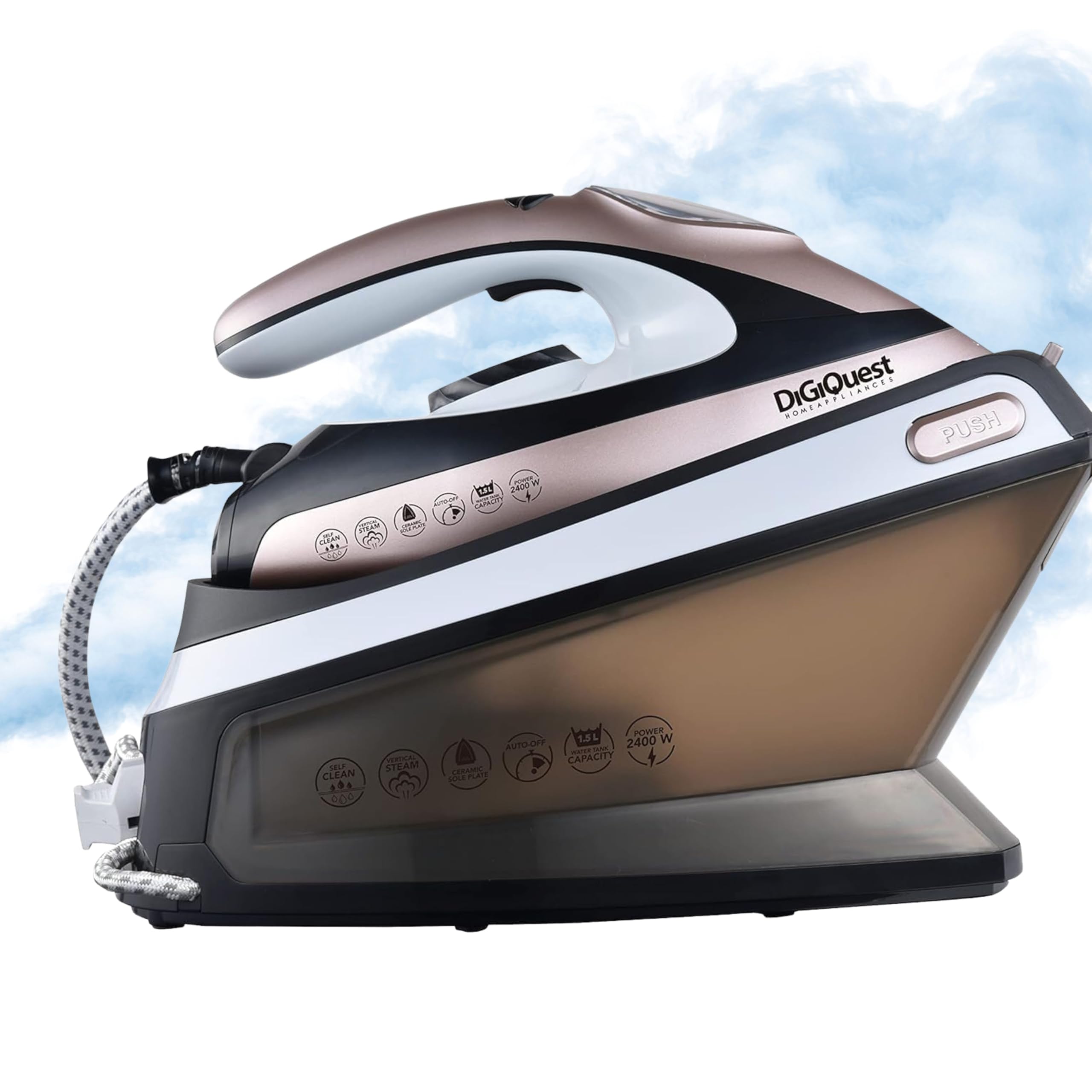 Digiquest Ferro da stiro 2400W con caldaia e piastra in ceramica con display a led, serbatoio trasparente, ricarica acqua continua, colpo di vapore STEAMY BOILY (2400W CALDAIA)