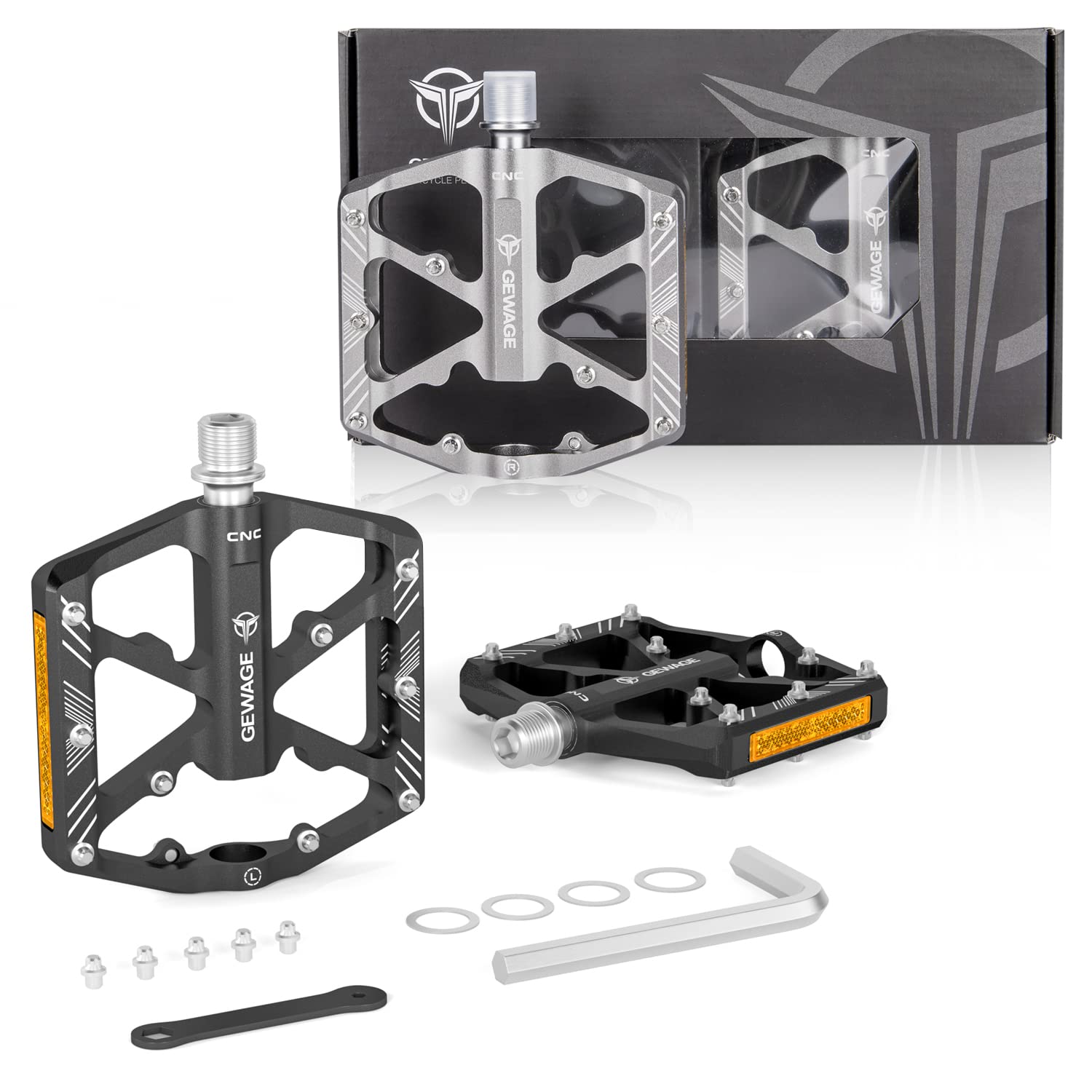 GEWAGE Pedales de Bicicleta con Reflectantes, 3 rodamientos sellados, Plataforma CNC Antideslizante de Aluminio, 9/16", para MTB, Carretera y E-Bike