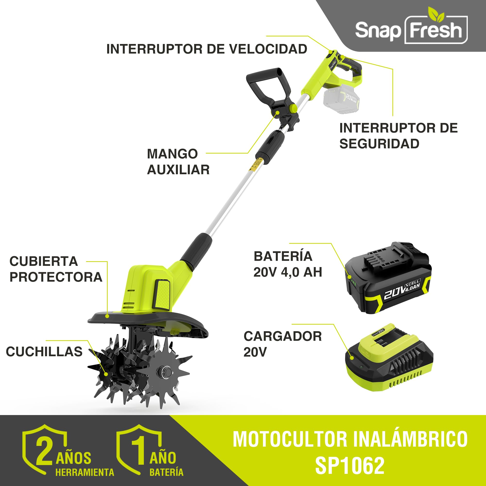 SnapFresh Motoazada de Batería Inalámbrica 20V - Fresadora de Jardín Eléctrica con Batería 4,0 Ah y Cargador Rápido para Parterres
