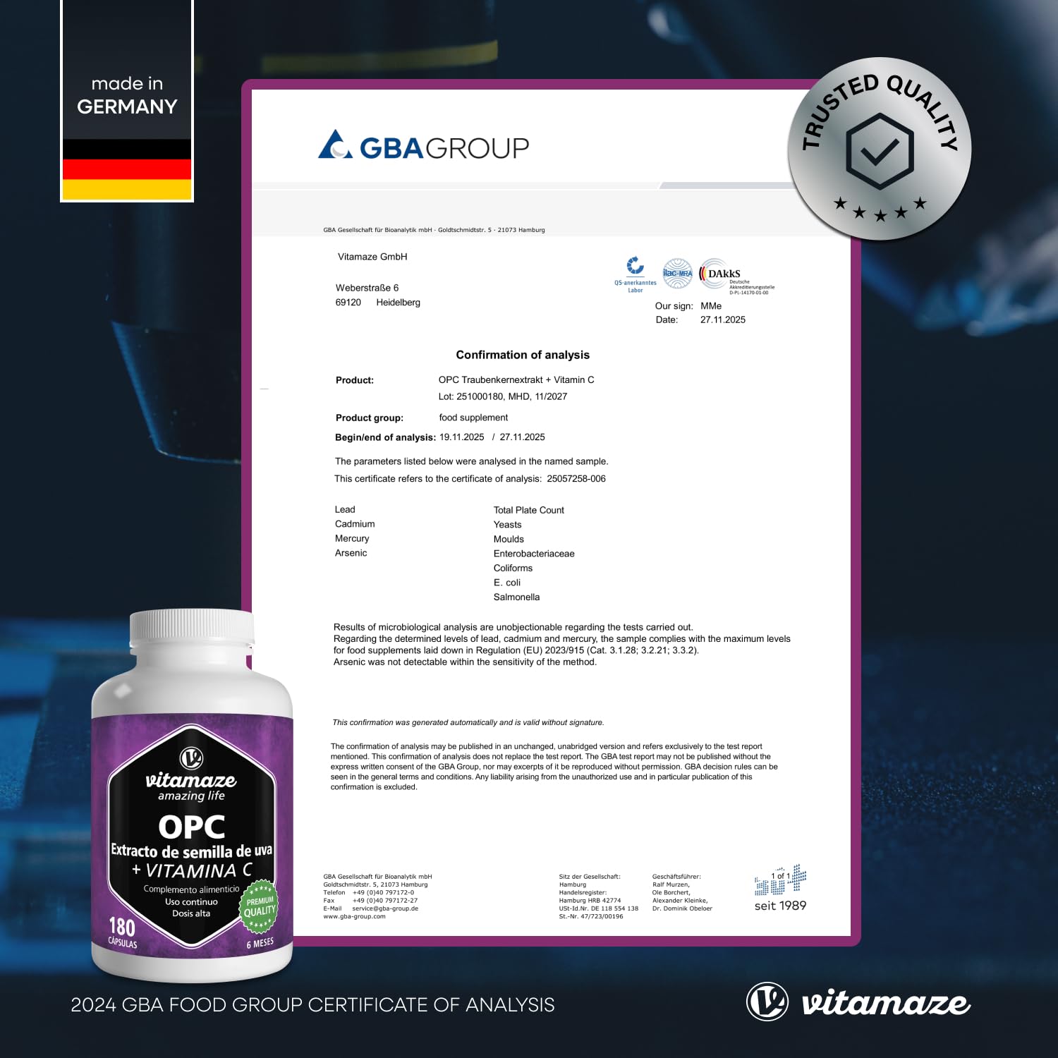 OPC Extracto de Semilla de Uva + Vitamina C, 450 mg Certificados OPC + 100 mg Vitamina C, 180 Cápsulas para 6 Meses, Suplemento Alimenticio Natural sin Aditivos, Made in Germany