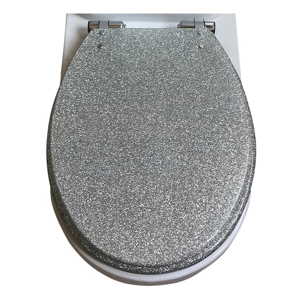 Ldhsjh Silver Glitter Toilet Seat Slow Close Quick Release Non-Slip Resin 16.5 Inch Cover, Adjustable, Lightweight, Durable, Portable, User-Friendly, Compact, Round