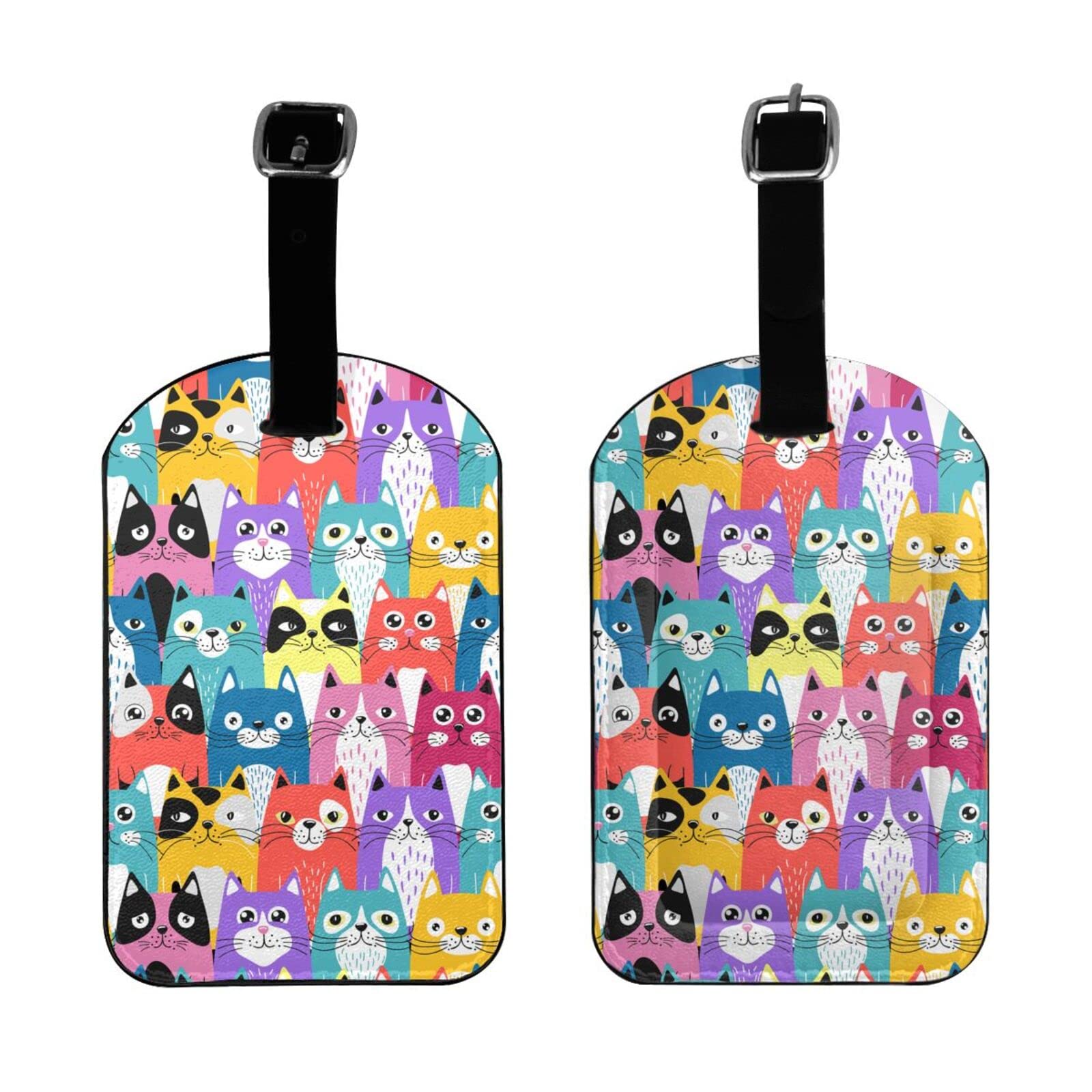 Oplp Funny Cartoon Cat Leather Luggage Tags Set of 2 Bright Travel Bag Labels for Suitcase Baggage Backpack