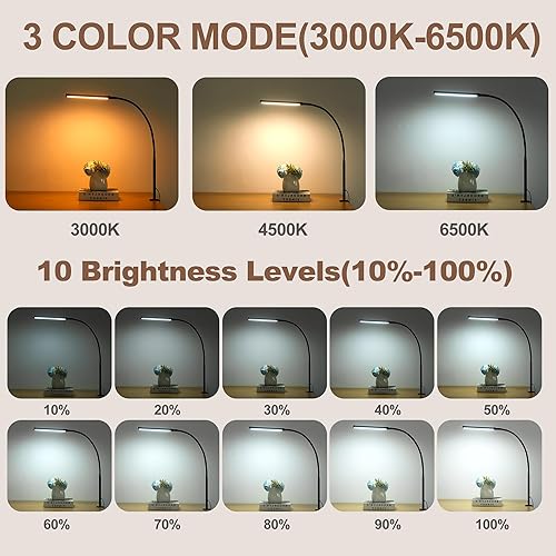 Miniatura 2 de Lámpara de escritorio LED para oficina en casa, luz de escritorio con abrazadera, luz de clip para leer, 3 modos, 10 brillo cuello de ganso