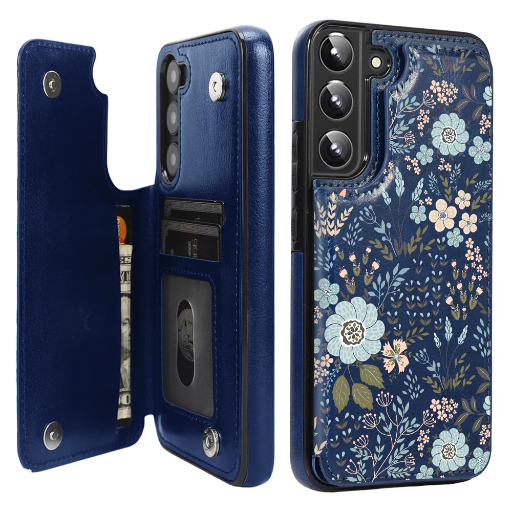 uCOLOR for Samsung Galaxy S22 Wallet Case,Flip Folio Leather with Card Holder Slots Kickstand Slim Fit Protective Cover Phone Case (Blue Flowers)