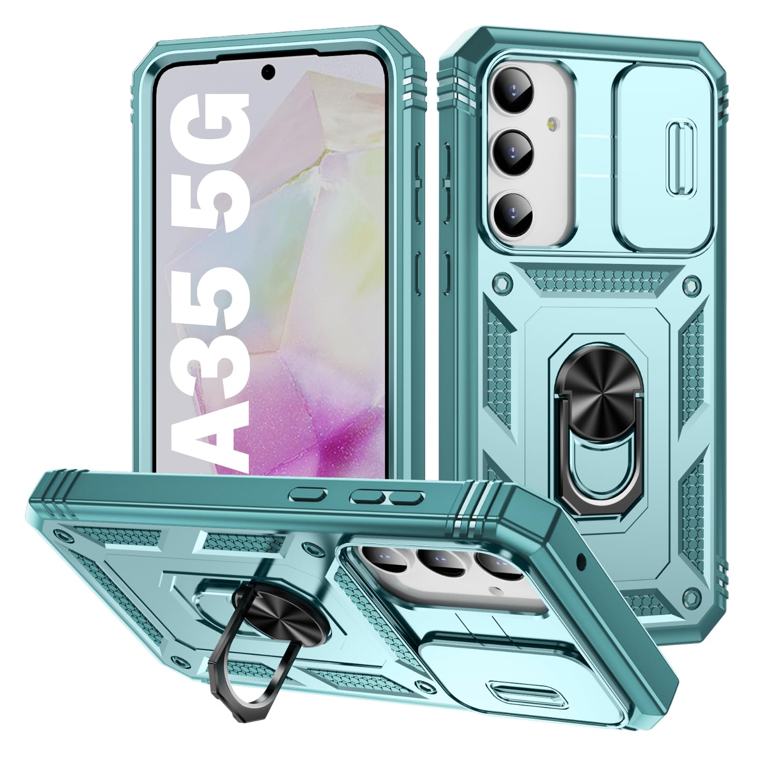 PASNEW for Samsung Galaxy A35 5G Phone Case,Rotating Ring Kickstand & Slide Camera Cover,Military Multilayer Heavy Duty Full Body Shockproof