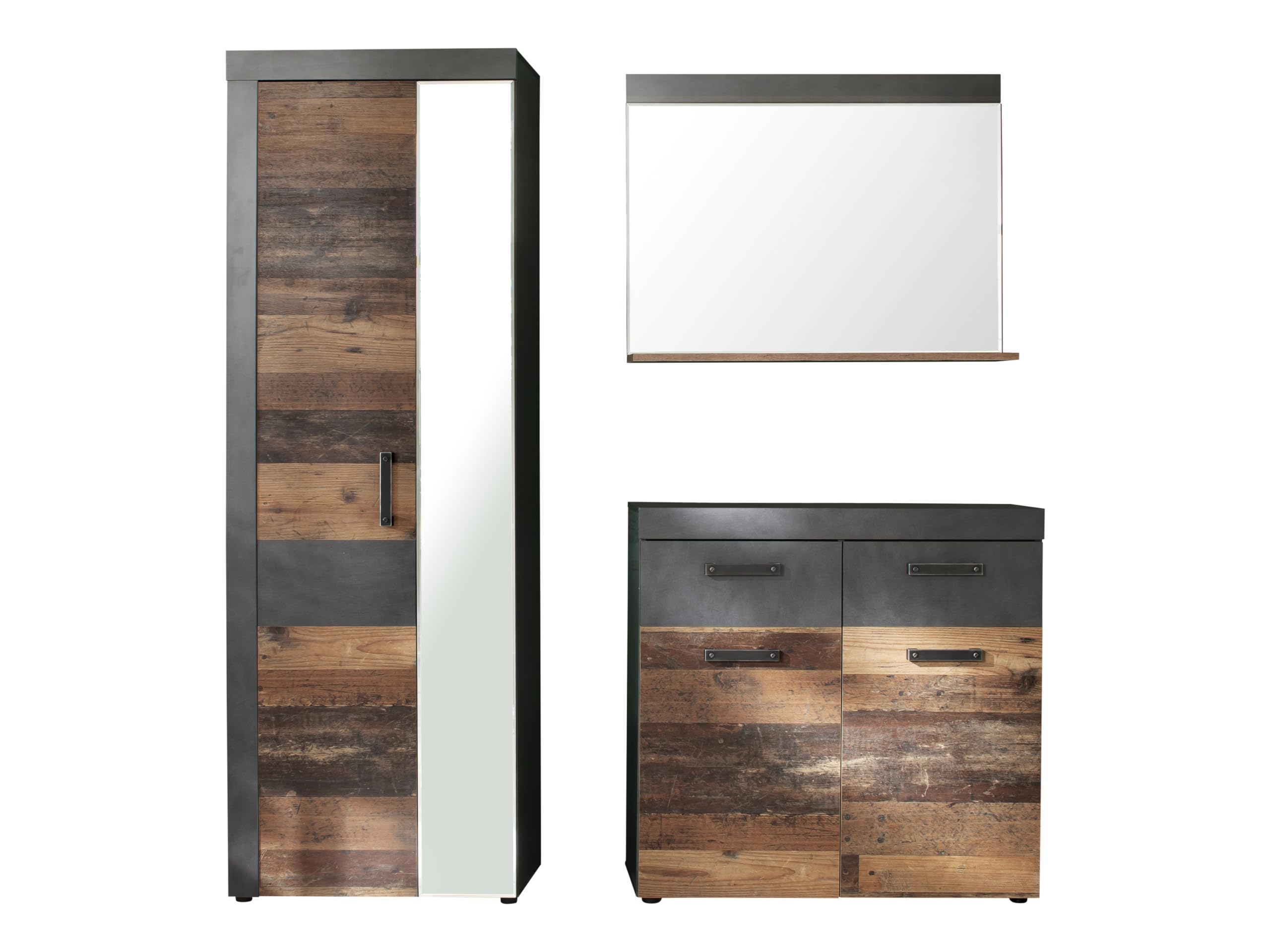 trendteam smart living - Indy - Garderobenkombination - Eiche/Grau - Garderobenschrank, Garderobenschuhschrank, Garderobenspiegel - (BxHxT) 170 x 192 x 34 cm - antikfarbene Griffe