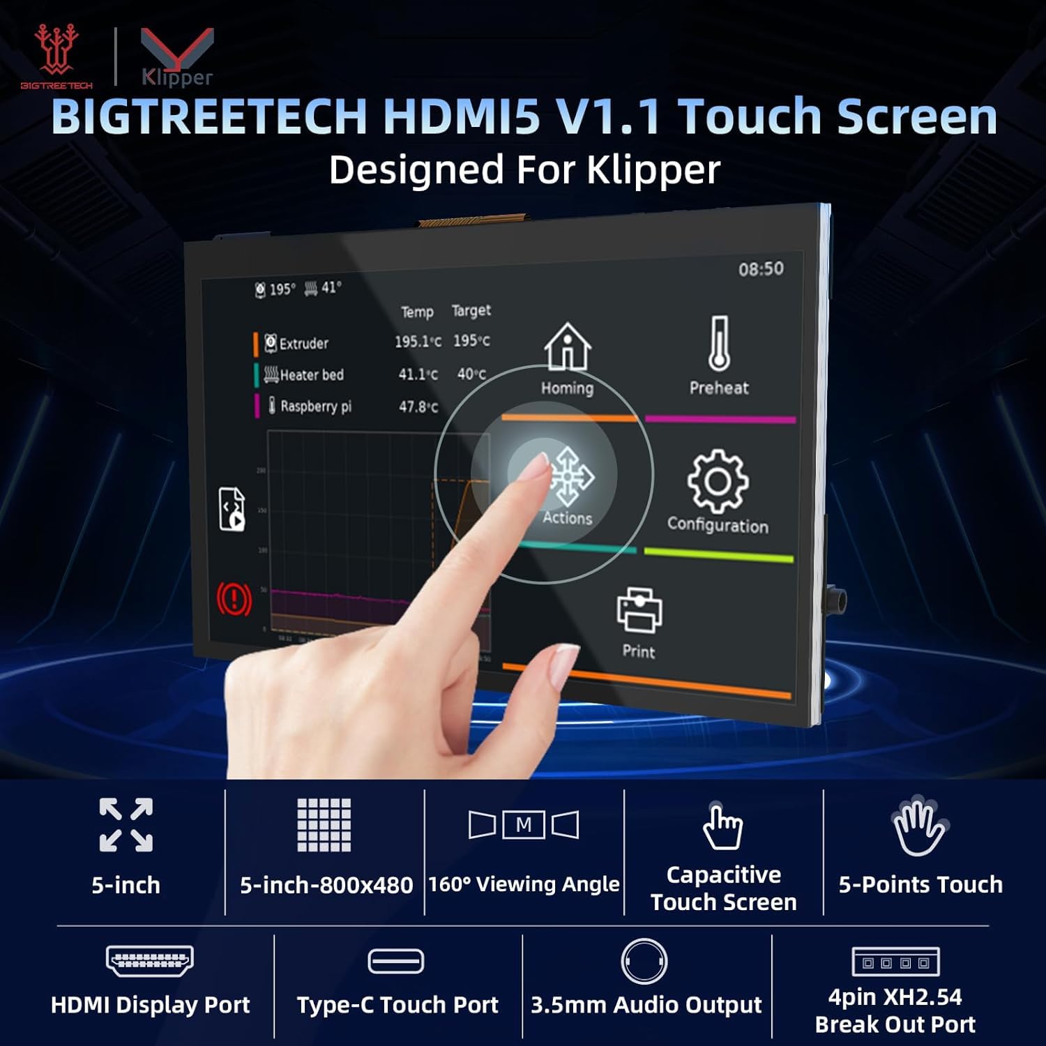 BIGTREETECH HDMI5 V1.1 5 pollici Display grande per stampanti 3D, display LCD IPS 800 × 480 per Raspberry-Pi 4B/3B, BTT PI V1.2, compatibile con SKR Mini E3 V3.0/Octopus/SKR V1.4 Turbo per la corsa