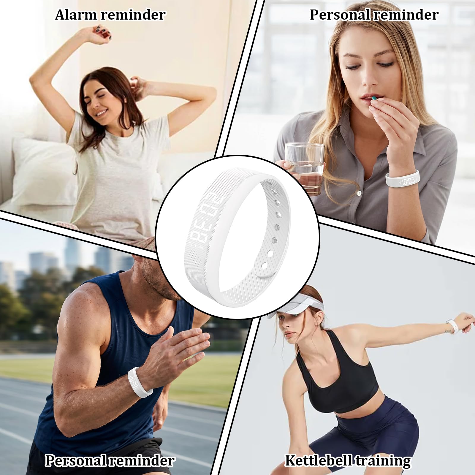 Pulsera Despertador Vibración Despertador Vibracion Muñeca Ajustable Tres juegos de despertador-es vibratorios Integra Temporizador Cronómetro Indicador De Fecha Y Contador De Pasos Blanco