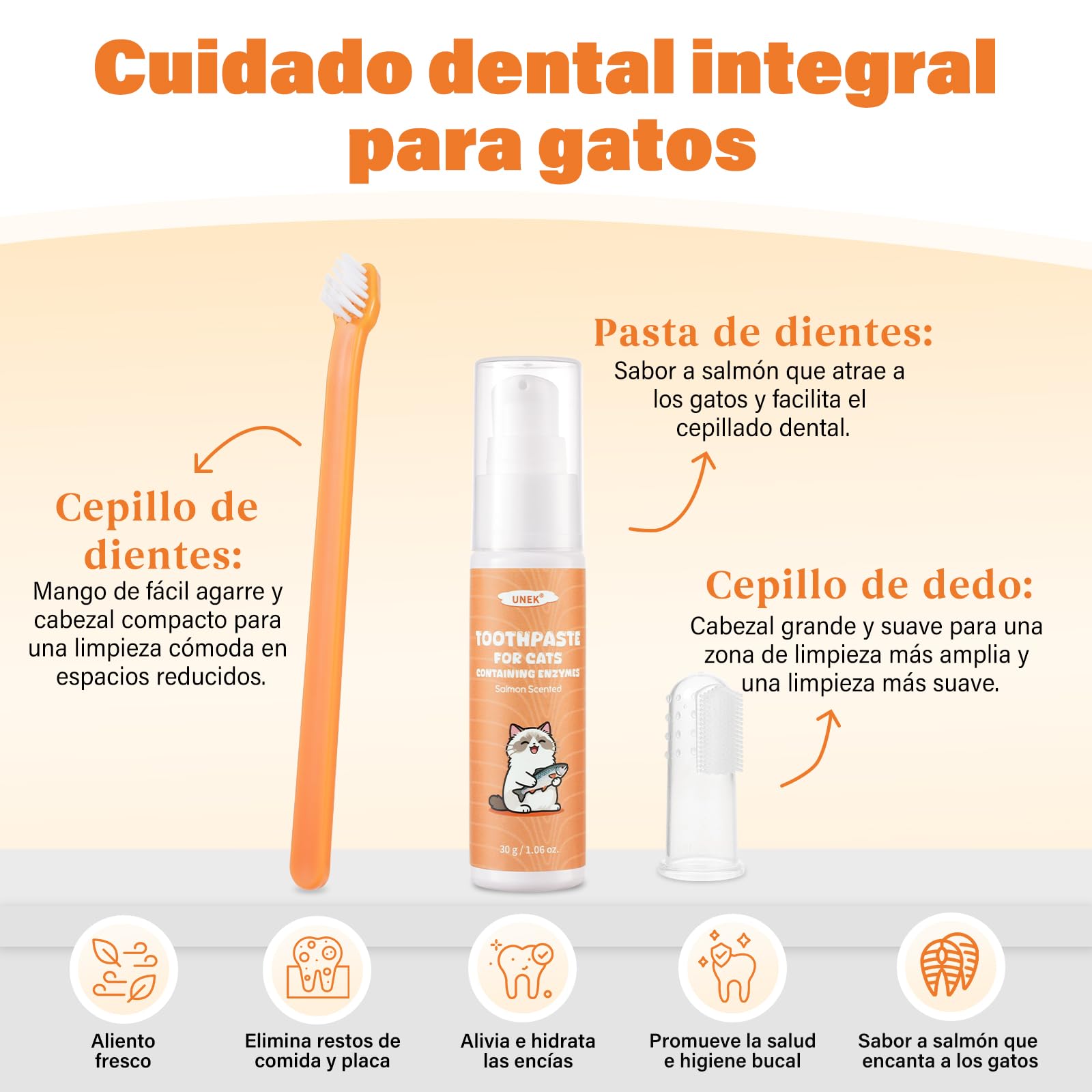 UNEK Kit de cuidado dental para gatos – Pasta de dientes enzimática 30 g sabor salmón, con cepillo de dientes y cepillo de dedo, ayuda a reducir la placa y el mal aliento