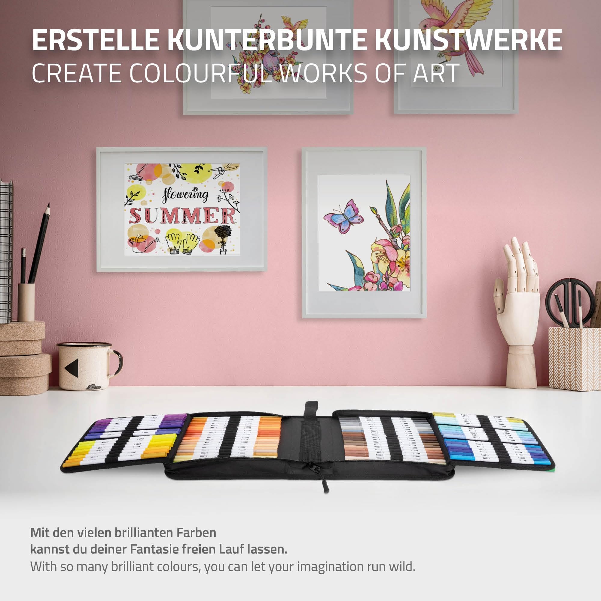 ECD Germany Juego de 120 Rotuladores Finos y Gruesos para Niños y Adultos Doble Pincel con Base de Agua para Caligrafía y Manga Set de Dibujo y Pintura Profesional en Estuche portátil con Cremallera