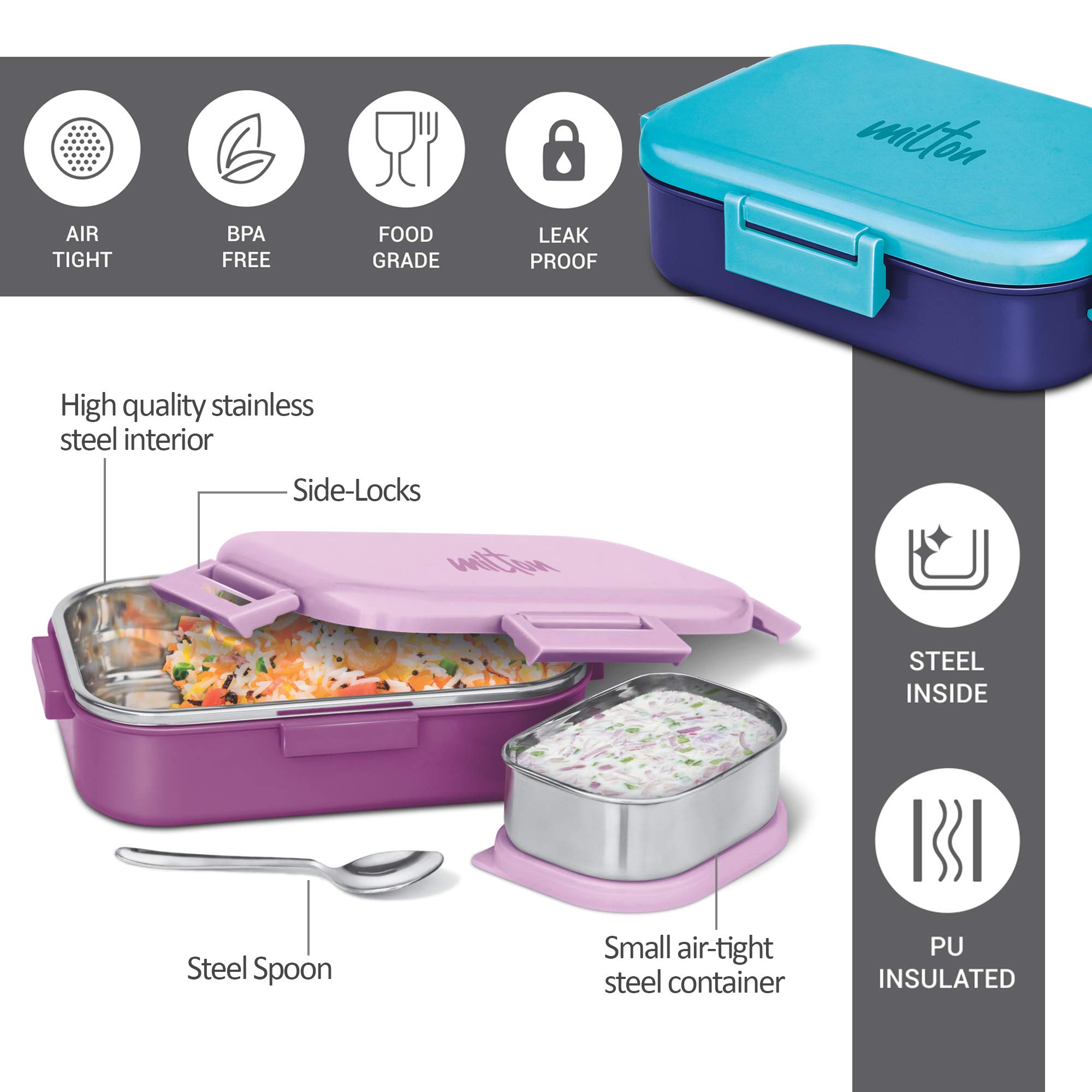 MILTON Senior Flatmate Tiffin Box Steel Kids Lunch Box, Inner Stainless Steel Insulated Containers with Clip Lock Lid, 700ml, Airtight Leakproof Kids Lunch Box, for School, Picnic, Blue — Amazon image 2