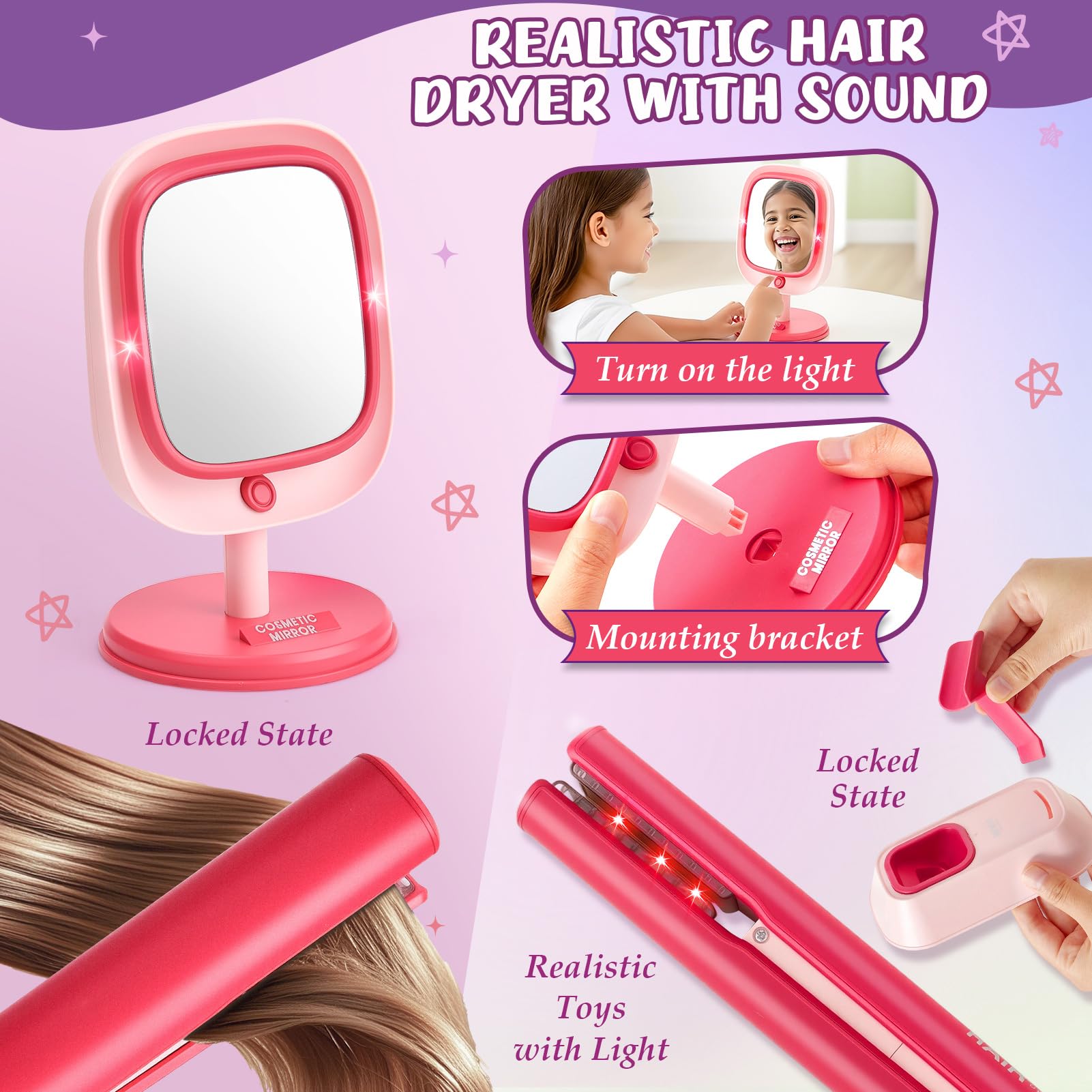 Toylink Hairdressing Set for Girl Pretend Makeup Sets for Girls with Hair Dryer Straightener, Mirror - Image 4