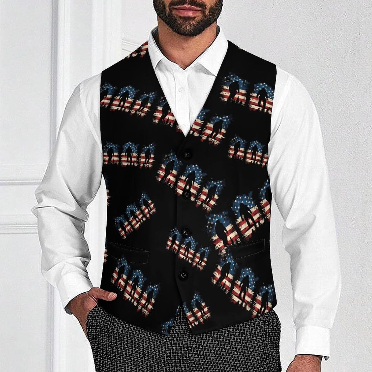 Bigfoot Sasquatch U.S. Flag Mens Suit Vests V-Neck Casual Vest Dress Formal Tuxedo Wedding Waistcoat