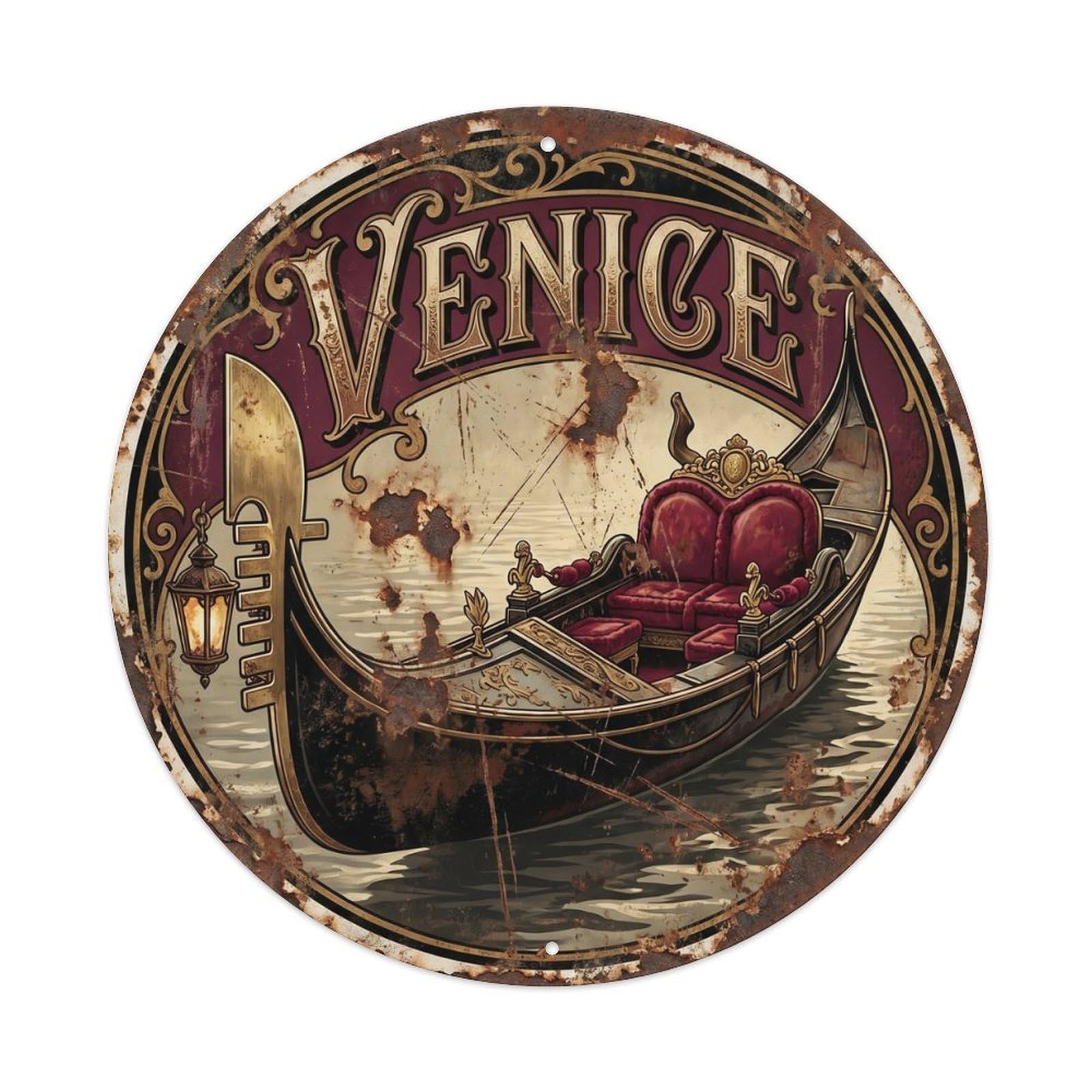 Venice Gondola Destination Scenery Nostalgic Landmark Metal Tin Sign Plaque Wall Decor for Cafe, Man Cave, Club Bar, Office, Home Garden Round Metal Poster 8x8Inch