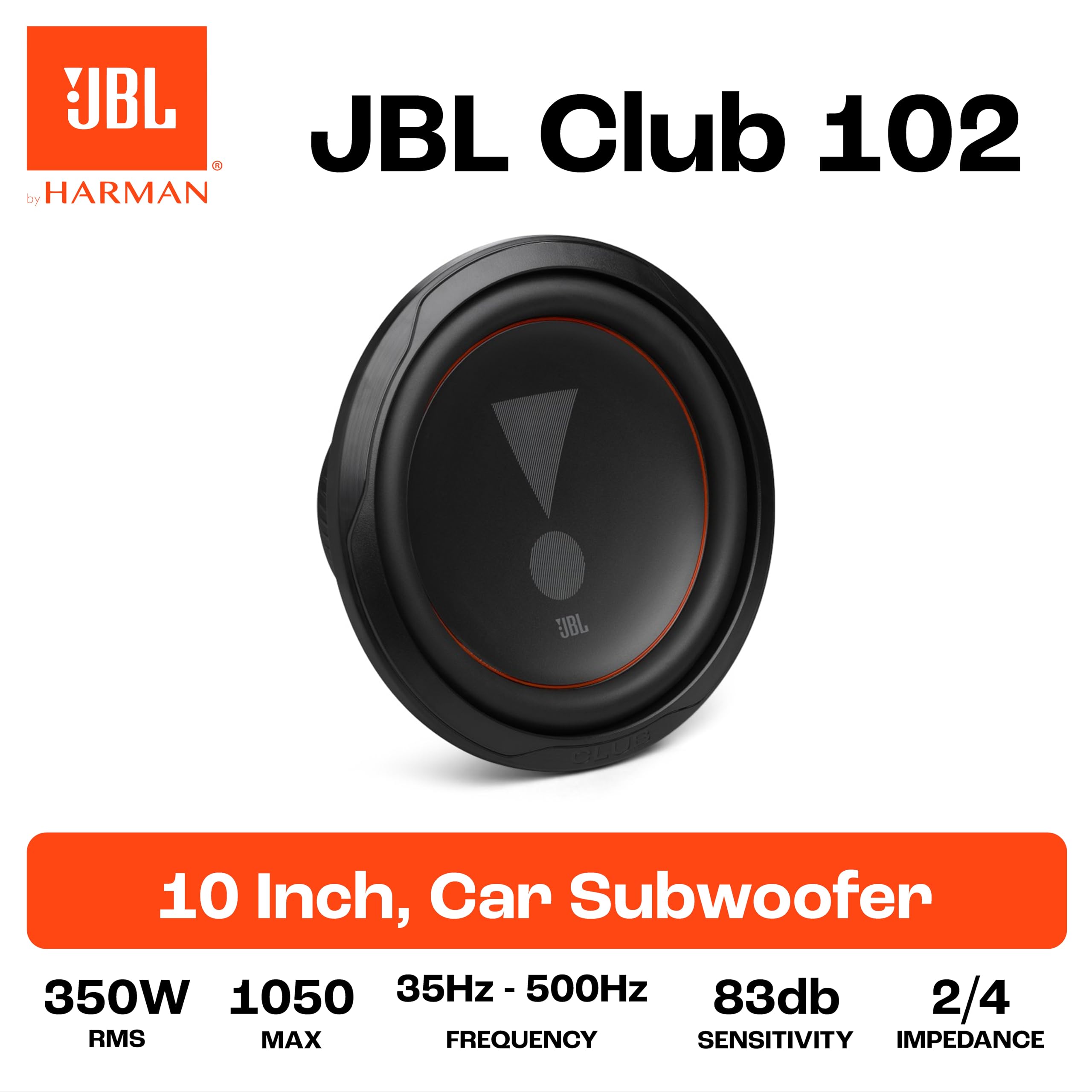 JBL Club 102 Subwoofer 250mm 10" con 350W RMS y 1050W Pico, Impedancia Seleccionable 2 o 4 Ohm, Sensibilidad 83dB, Rango 35Hz-500Hz, Surround de Goma Duradera para Audio Potente en Vehículos