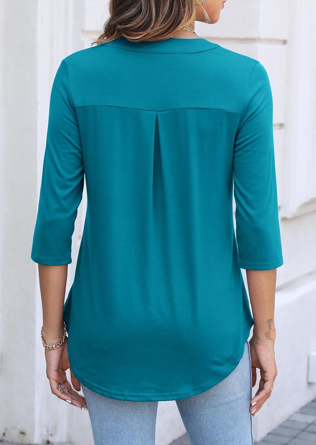 Halife Women's 3/4 Length Sleeve V Neck Flowy Tunic Blouses Work Tops Shirts with Zippers - Image 4