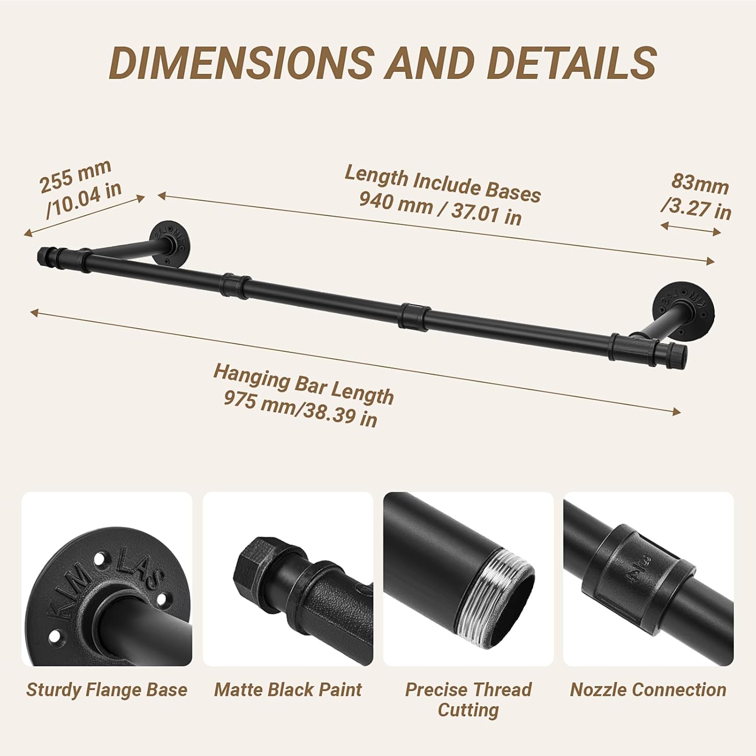 Clothing Rack Wall Mount,38.4IN Industrial Pipe Clothes Rack,Heavy Duty Iron Garment Bar Detachable Rod for Closet Storage,Laundry Room,Bedroom,Multi Purpose Clothing Hanging Rod,Black Retro Style