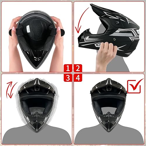 Miniatura 8 de Casco para jóvenes y niños de motocross, casco para adultos de ATV y bicicleta de tierra con gafas, guantes y máscara, casco de motocicleta de cara