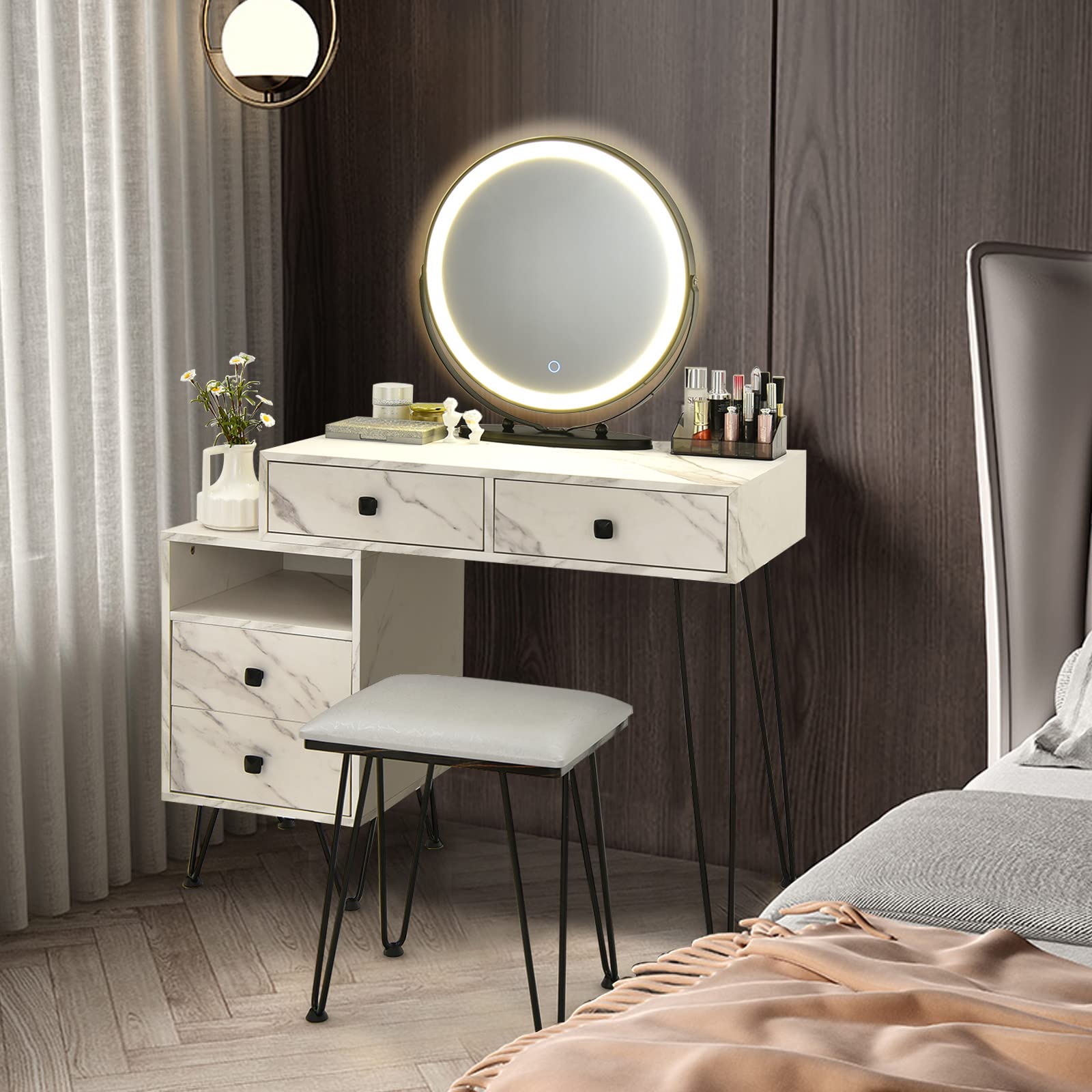 DORTALA Vanity Set, Wooden Makeup Dressing Table with 3 Colors Lighted Mirror & Stool, Left or Right Side Cabinet, Lipstick Storage Box, Large Storage Drawers, Bedroom Vanity Desk Set for Girls, White