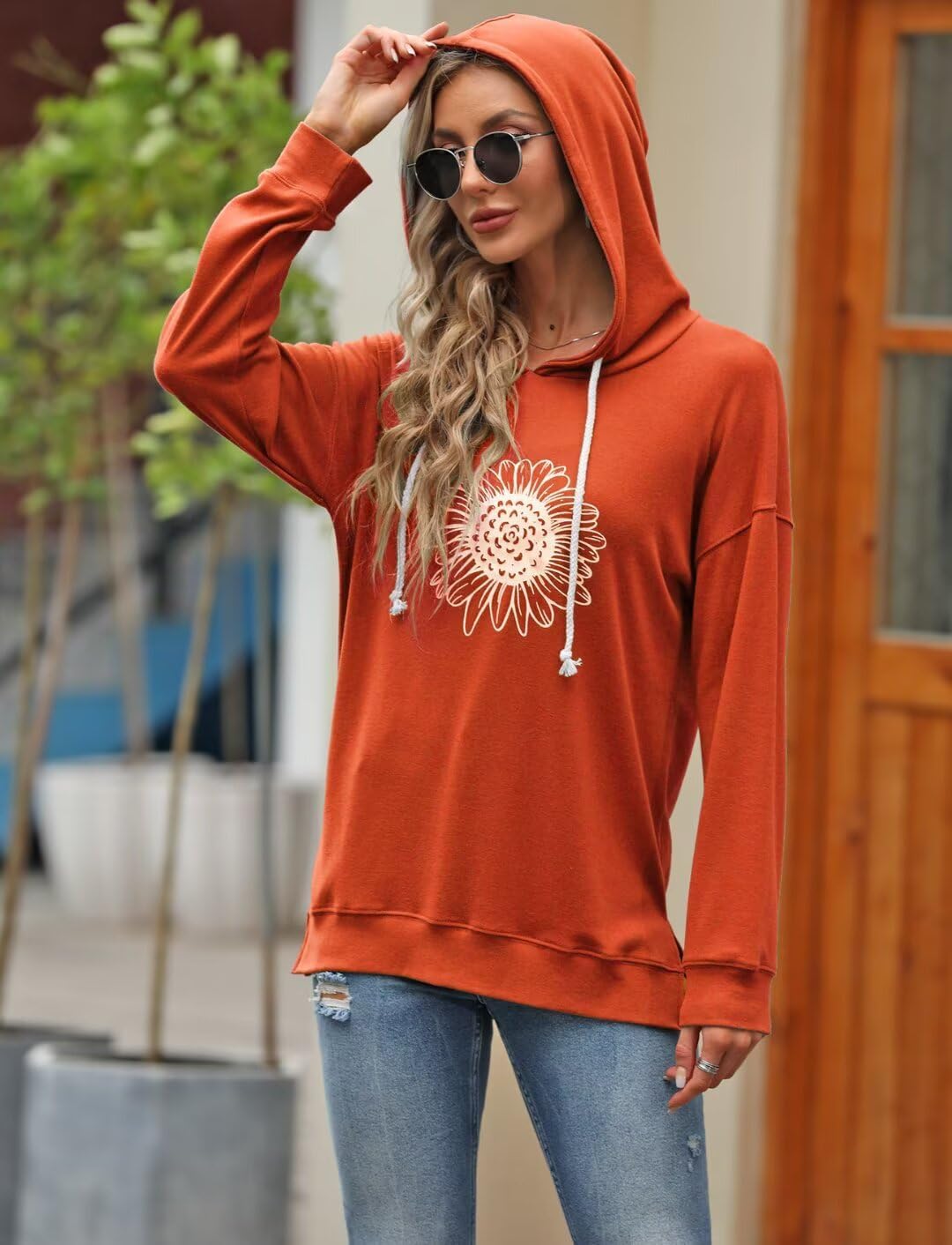 Women Sunflower Graphic Hoodies Long Sleeve Pullover Drawstring Sweatshirt Loose Fit Tunic Tops - Image 2