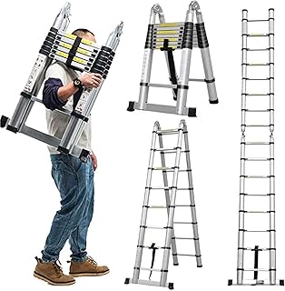 16.5Ft/5M Aluminum Telescopic Ladder Telescoping A-Type(2.5m+2.5m) Extension Multi Purpose Folding Portable Combination Ladder Heavy Duty,330 Pound Capacity, En131, Fast Delivery