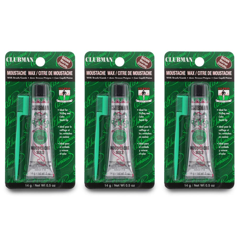 Clubman Mustache Wax for Men – Brown Moustache Wax with Brush & Comb, Strong Hold, 0.5 oz x 3 Pack