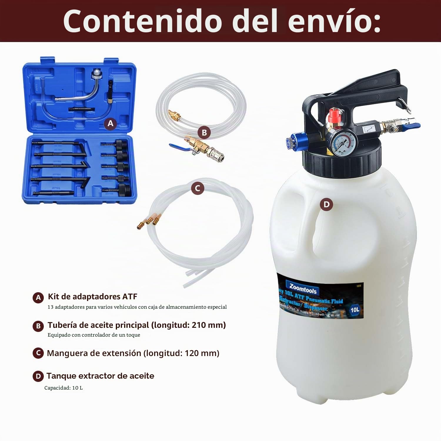 10L Bomba de Transferencia de Fluido de Transmisión Neumática, Bomba de Llenado de Aceite de Caja de Cambios con 13 Adaptadores ATF