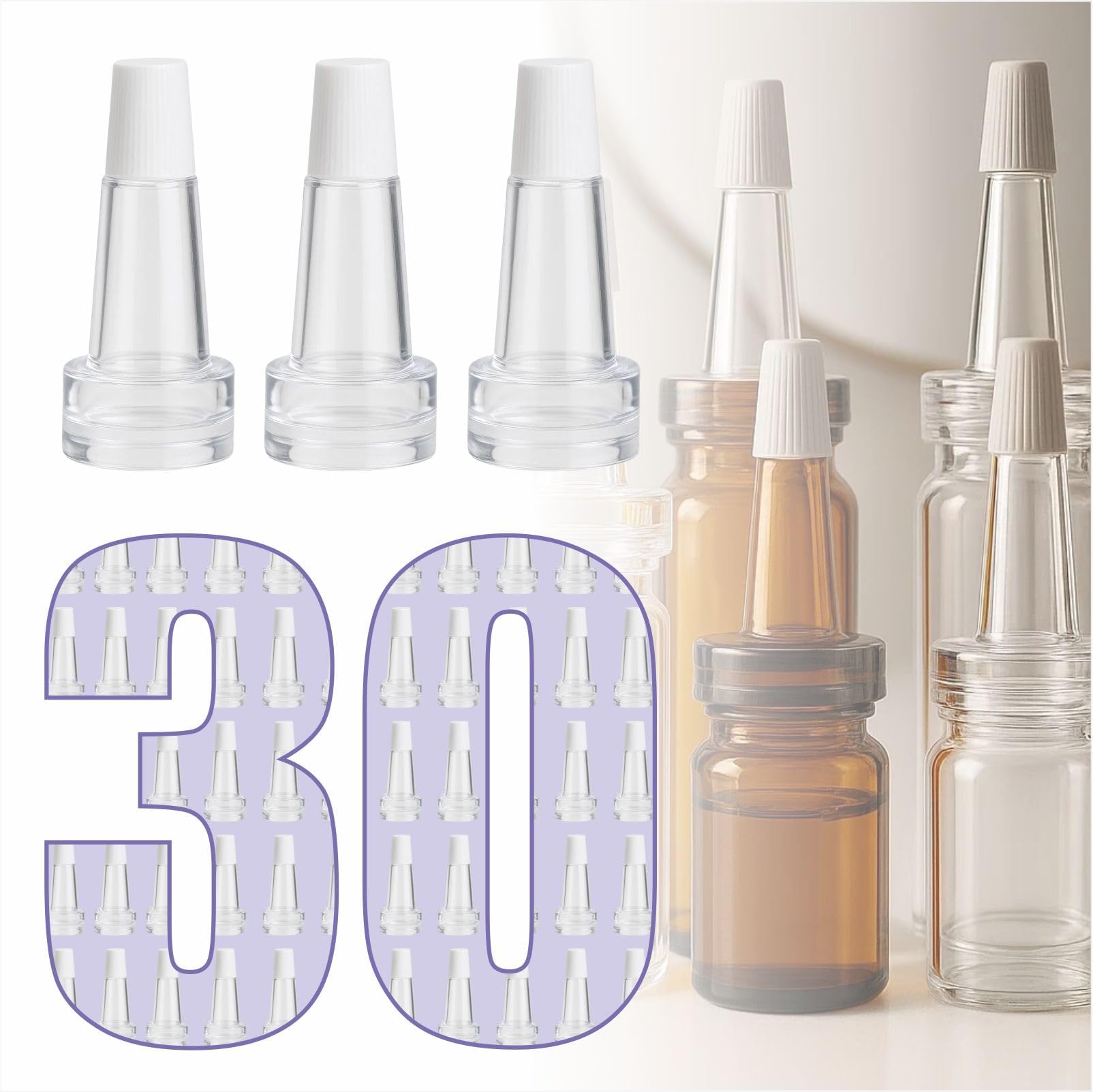 Glass Bottle Serum Vial Dropper - Transparent Silicone Trumpet Dropper Cap for 3ml Essential Oils Bottle with Inner Bottle Diameter 13mm, 30 pcs/pack