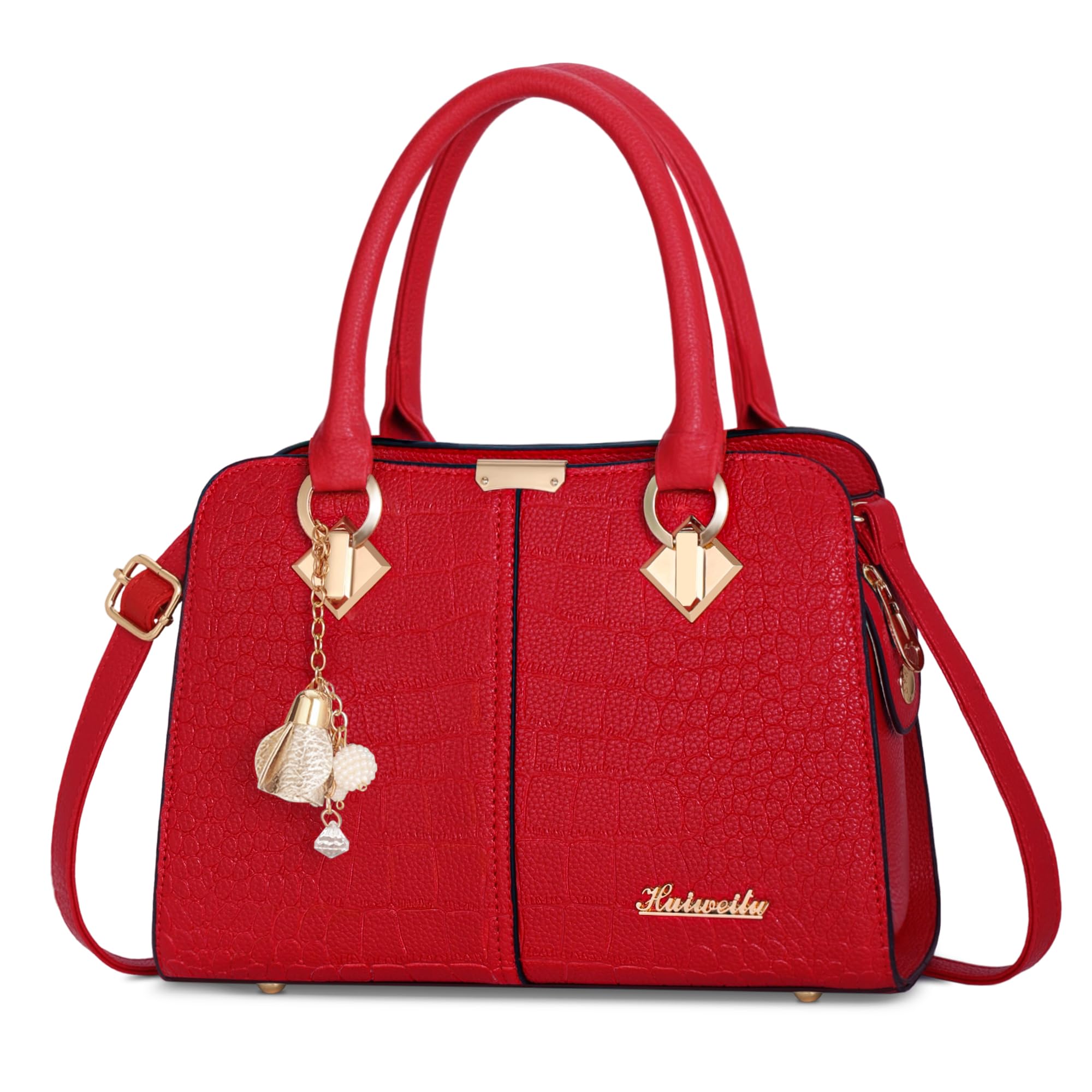 Femme Sac à Main Elégant Top Poignée Sacs à Bandoulière avec Exquis Pendentif PU Cuir Dames Sac Fourre Tout pour Travail Achats Rouge A