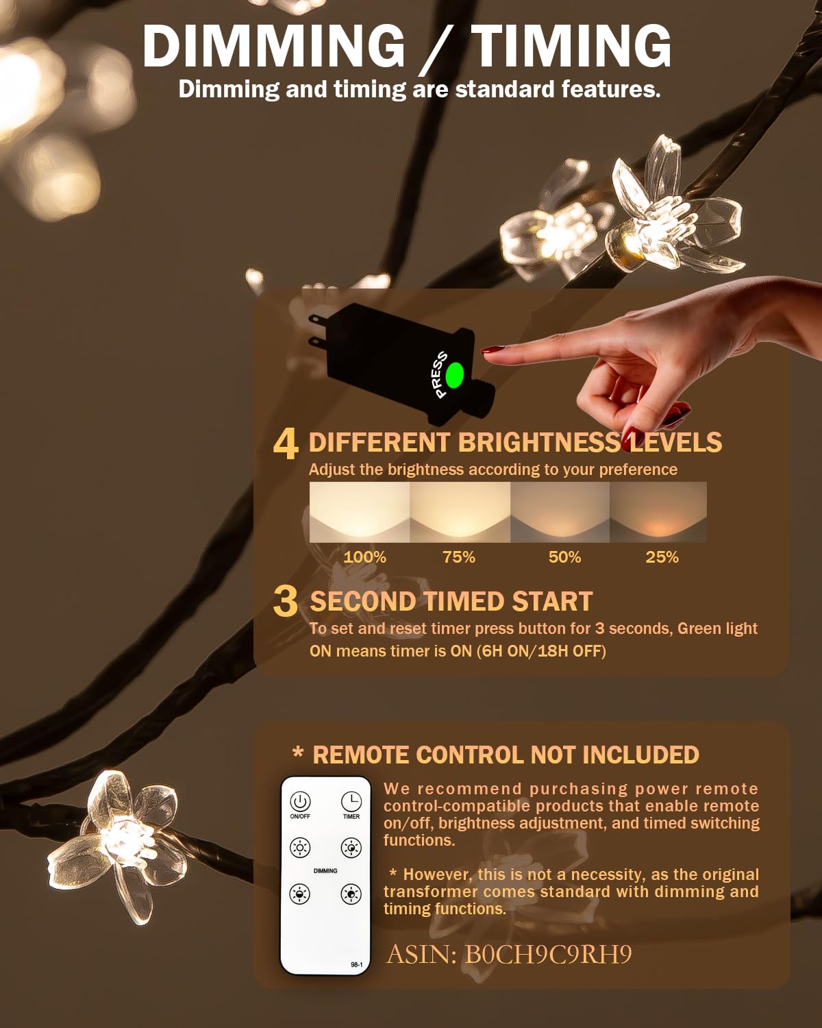 Tybeeu Árbol de cerezo iluminado de 6 pies con luces LED blancas cálidas para decoración de día festivo, regulable, certificado UL, impermeable IP44, ideal para decoración de interiores y exteriores