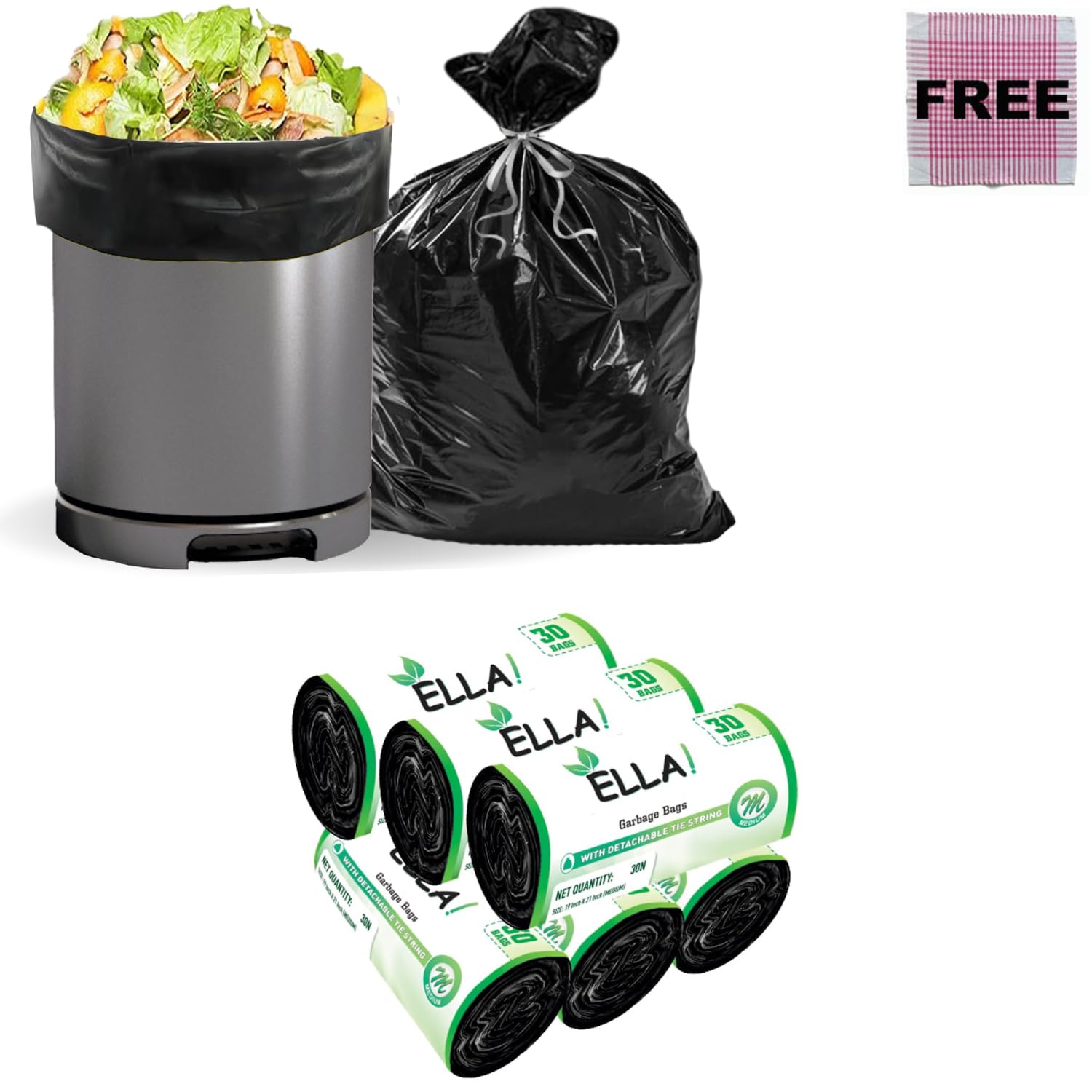 Ella Garbage Bags 19 x 21 Inches (Medium) 180 Bags 6 Rolls - Black Color With Check Duster Cloth Free