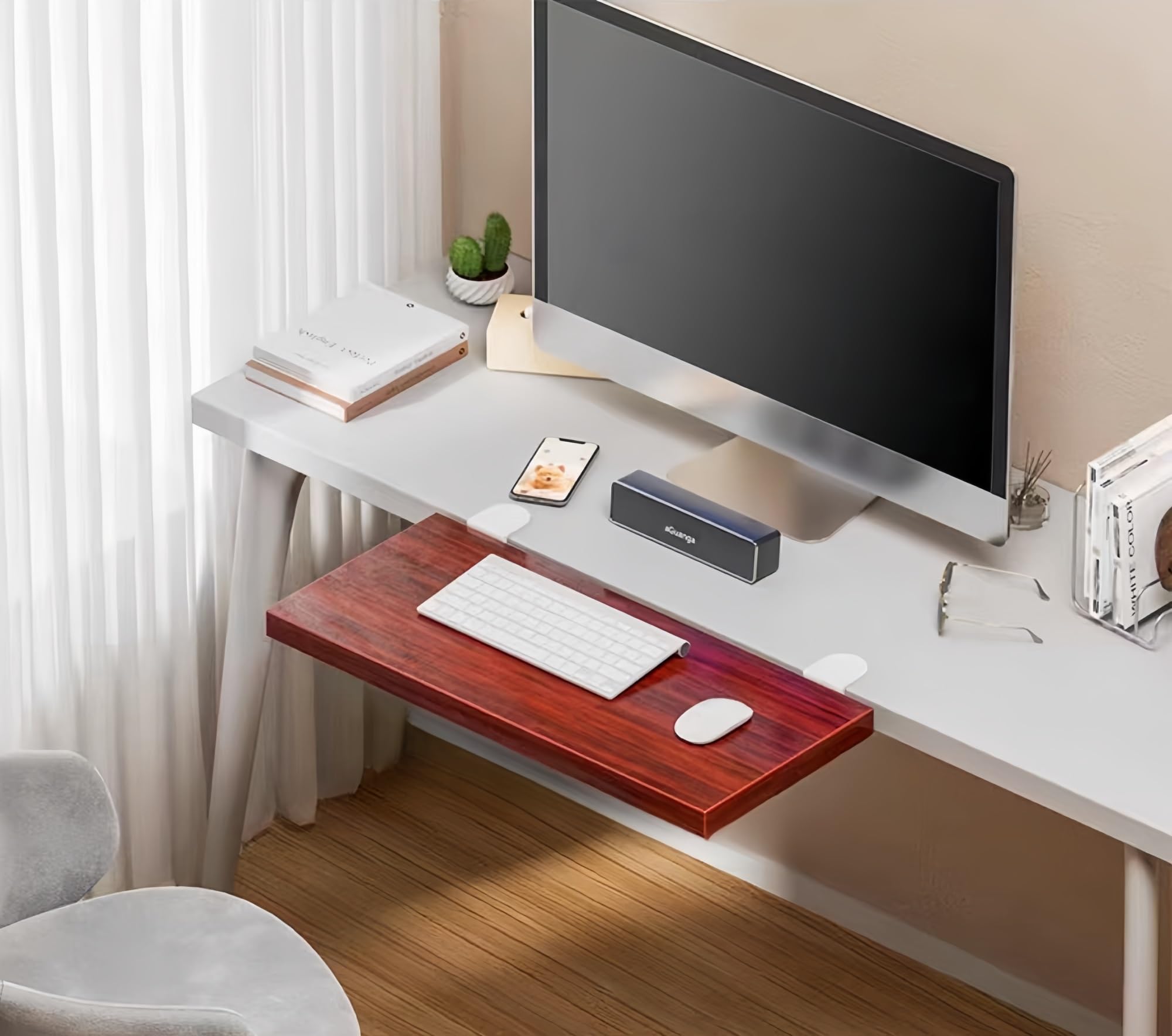Desktop Extender Tray, 20/30*40/60/80/100/120cm Ergonomic Desk Extension Tray, Punch-free Clip-on Desk Extension Rack, Keyboard Drawer Tray, Computer Elbow Arm Support for Home Office(Red,30*40cm)