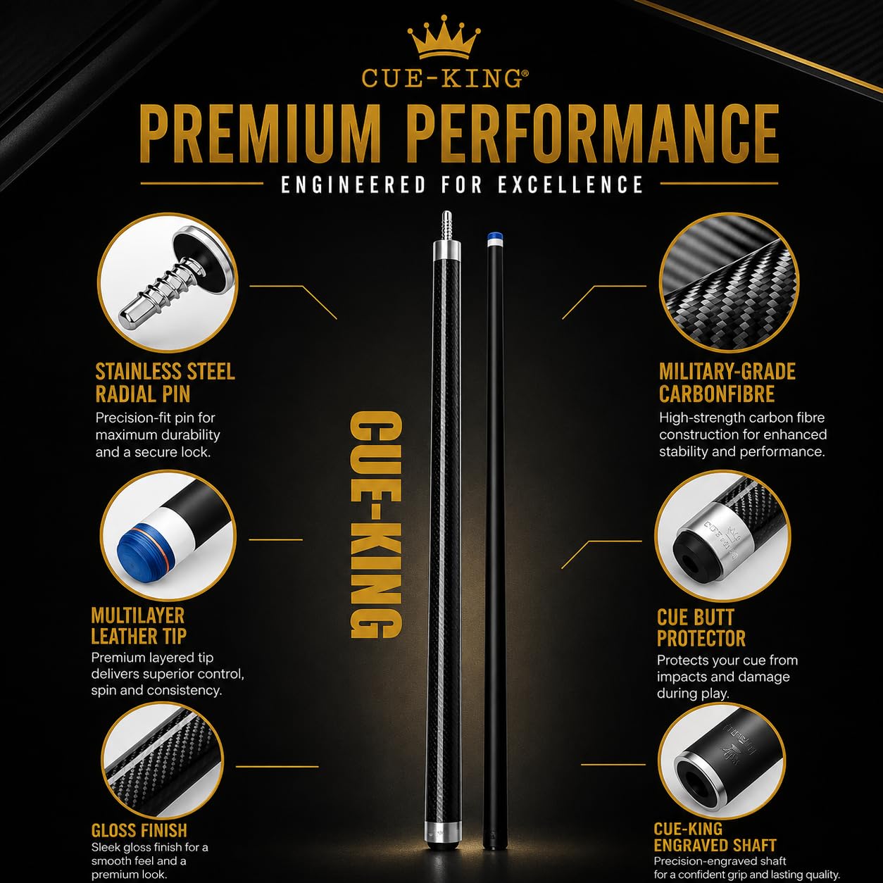 Cue-King Pro Series Stecca da biliardo in carbonio 147,3 cm 510,3 g 2 pezzi punta 12,5 mm