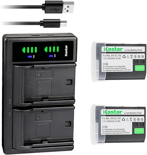 Kastar Paquete de 2 baterías EN-EL15c y cargador USB LTD2 de repuesto para Nikon D7000 D7100 D7200 D7500 1 V1 D500 D600 D610 D750 D780 D800 D800E