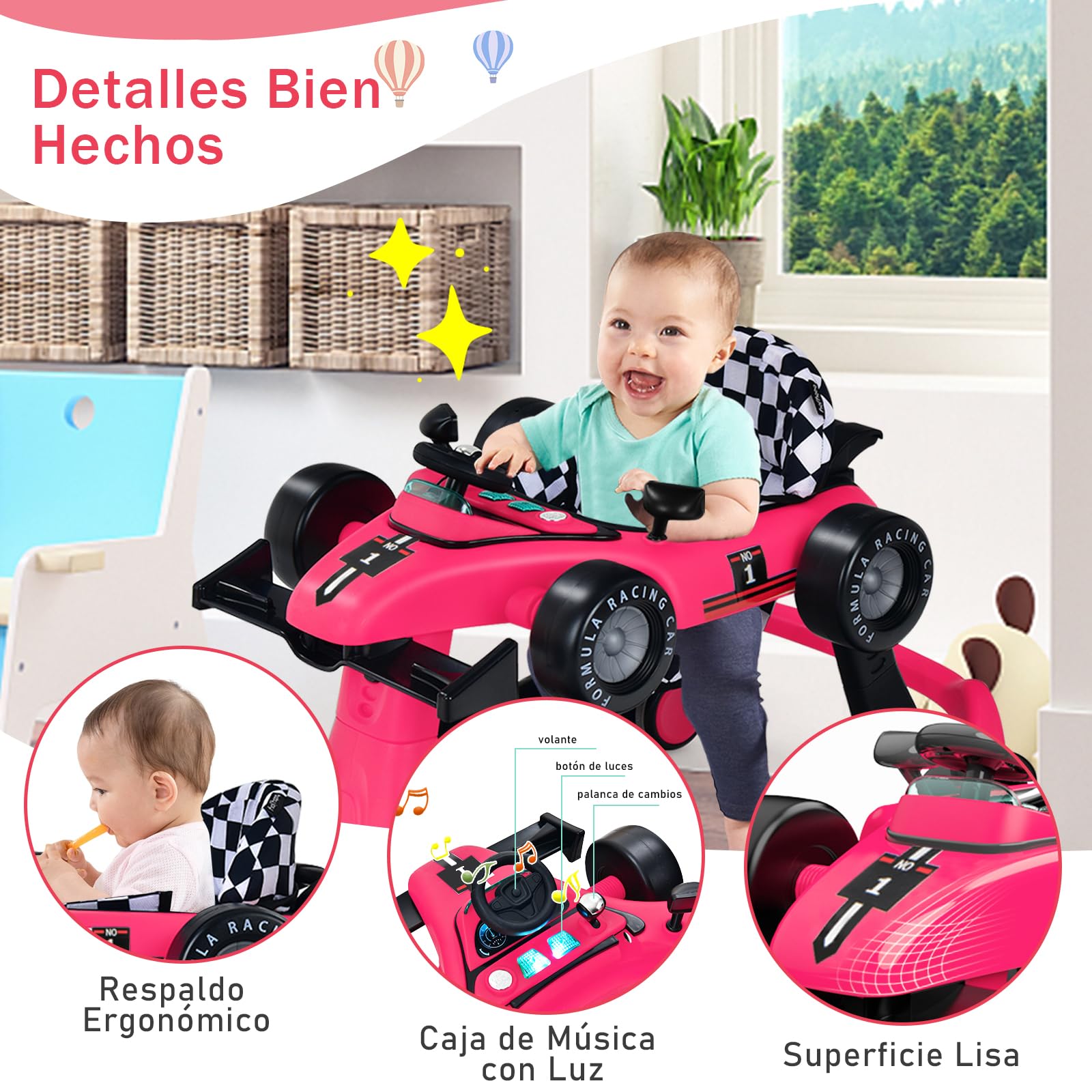 COSTWAY 4 en 1 Andador Bebes, Tacata Bebe Plegable con Altura y Velocidad Regulables, Carillón con Luces, Volante y Asiento con Cojín, Diseño Antivuelco, Caminador para Bebe de 6-18 Meses — view 8