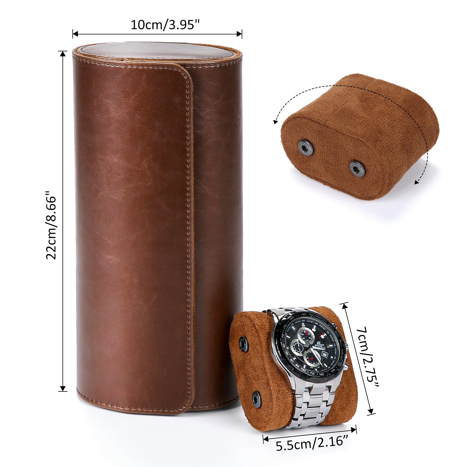 BAIGIO Boîte à montres cylindrique à 3 fentes Boîte à bijoux Boîte de rangement Boîte à montres Étui de voyage pour montres à roulettes Étui à montres vintage pour hommes et femmes