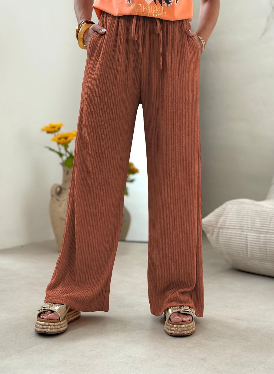 Samefar Womens Linen Pants Casual Summer Flowy Wide Leg Drawstring Palazzo Pants Work Business Trousers with Pockets - Image 5