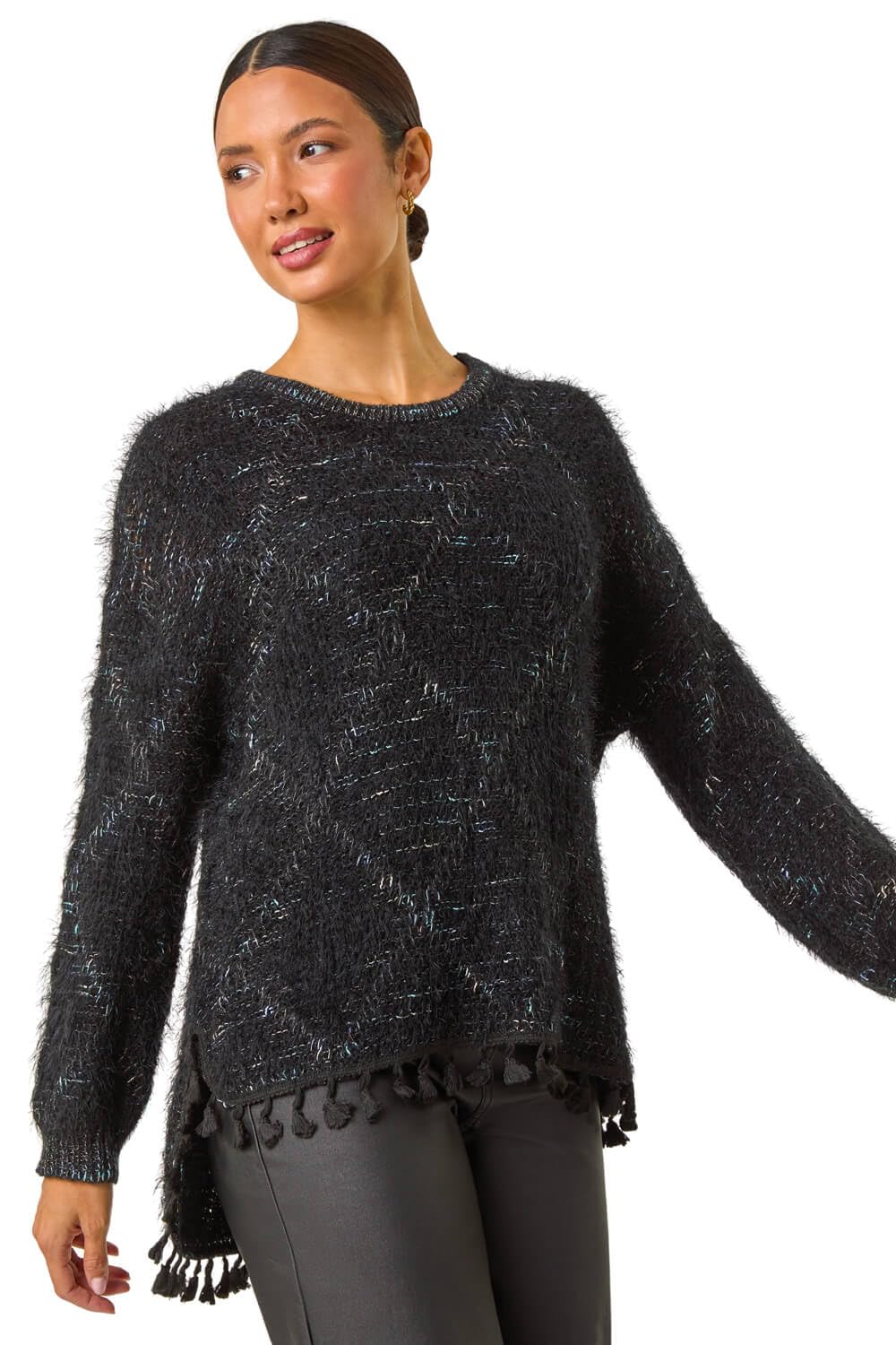 Roman Fluffy Knit Fringe Hem Jumper for Women UK - Ladies Autumn Everyday Winter Holiday Round Neckline Comfy Long Sleeve Soft Warm Feel Sweater Work Office Tops - Black - Size 18
