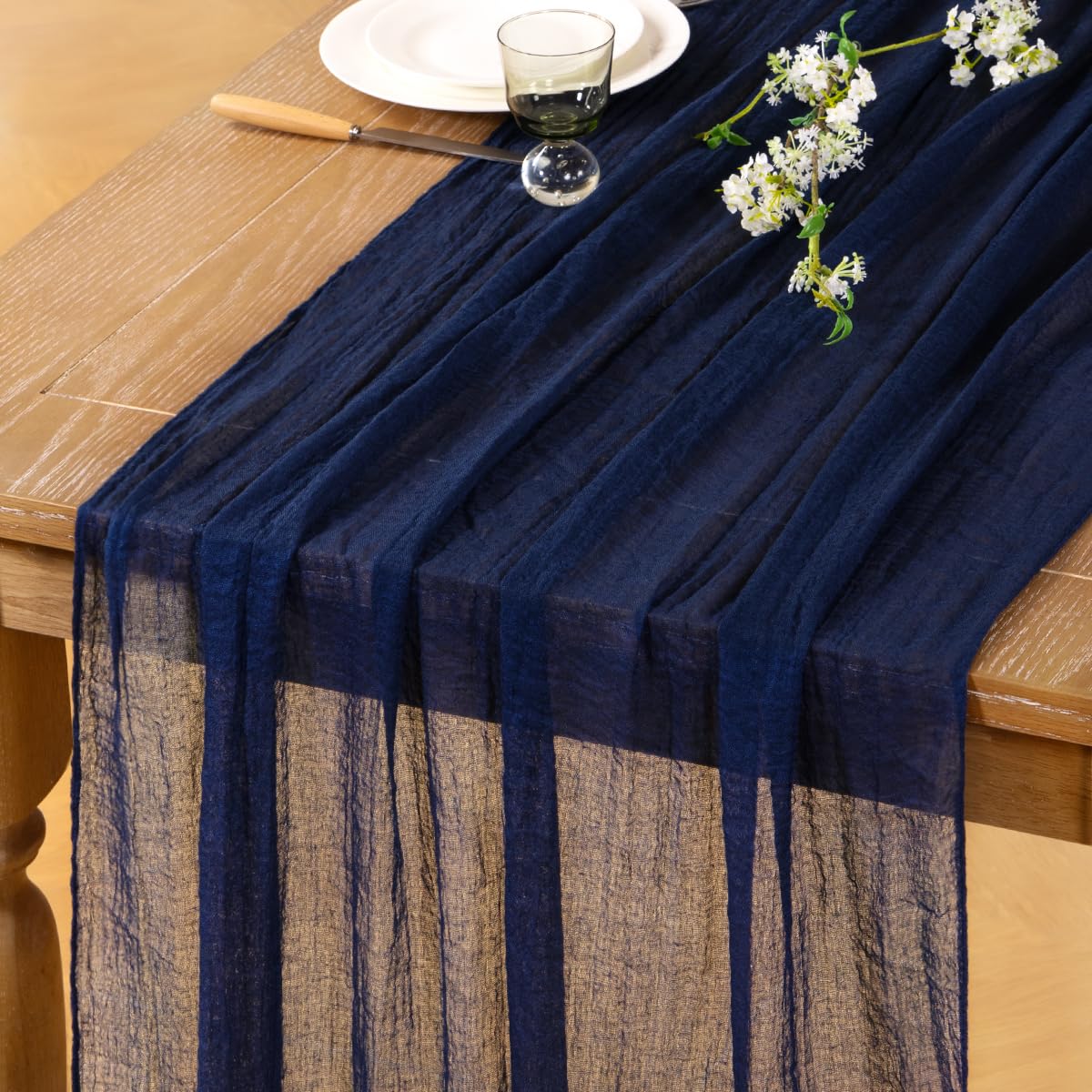 DeZerlor Navy Blue Cheesecloth Table Runner 2 Pack Boho Gauze Summer Navy Table Runners 120 inches Sheer Cheese Cloths for...