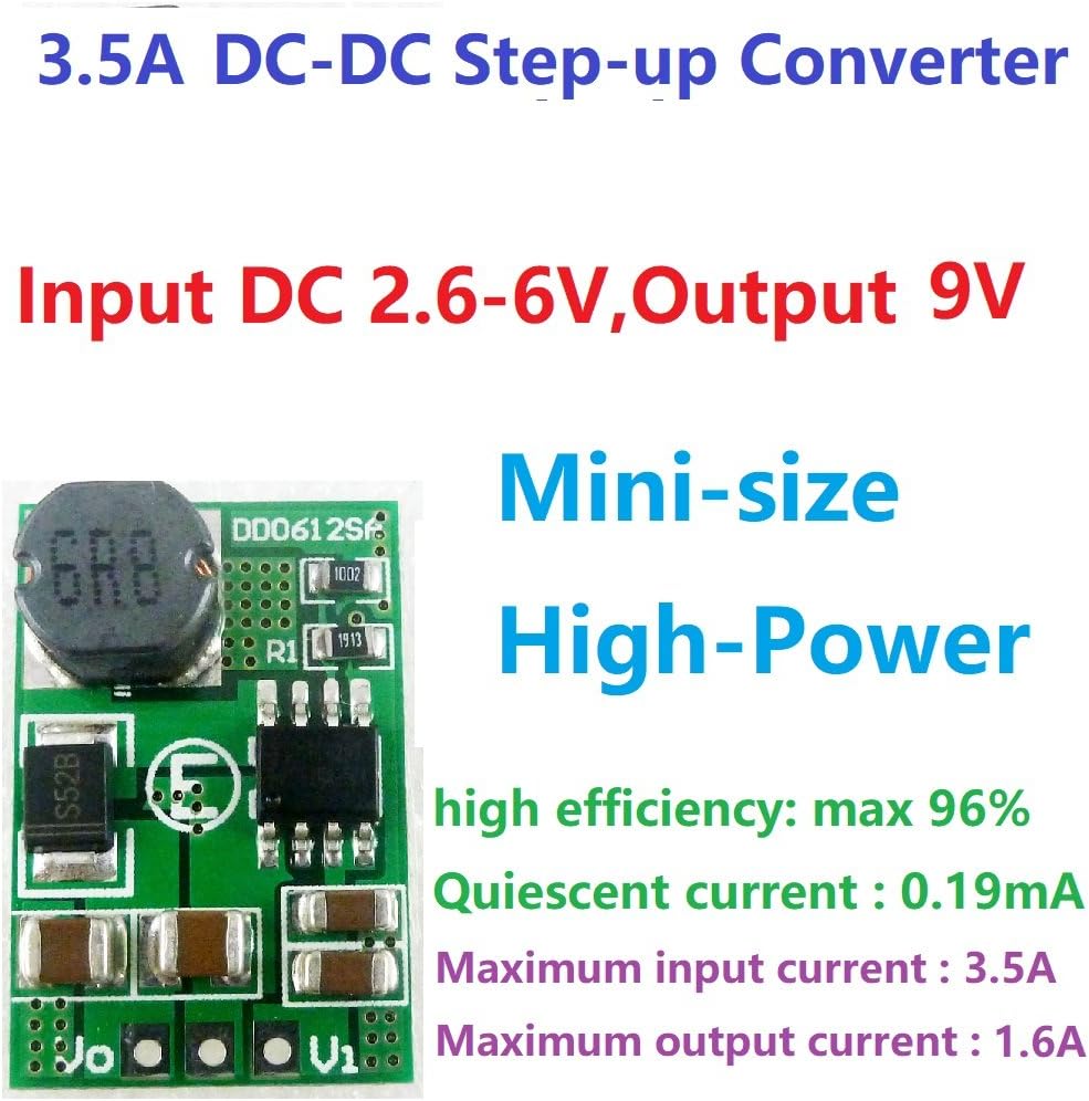 Close-up of a single eletechsup DD0612SA module highlighting its features: 3.5A DC-DC Step-up Converter, Input DC 2.6-6V, Output 9V, Mini-size, High-Power, max 96% efficiency, 0.19mA quiescent current, 3.5A max input current, 1.6A max output current.