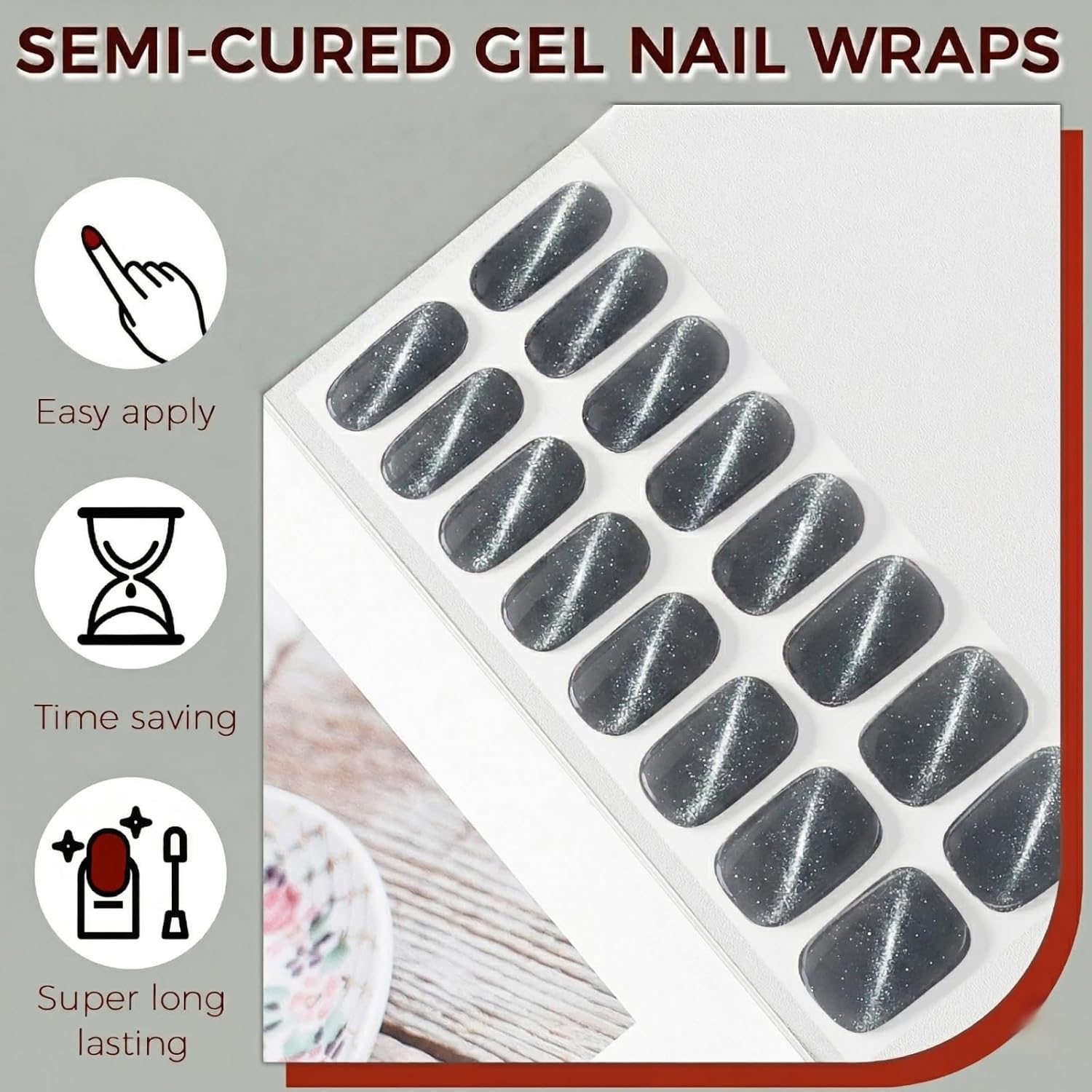 Semi Cured Gel Nail Strips, Gray Silver Cat Eye Crystal Glitter Nail Wraps, UV Light Required, Salon Quality Easy Apply & Remove- 32Pcs