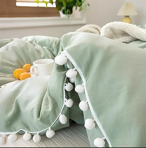 Miniatura 4 de INDACORIFY Funda de edredón verde salvia con pompones blancos, funda de edredón de algodón bohemio, 100% algodón lavado, funda de edredón tamaño