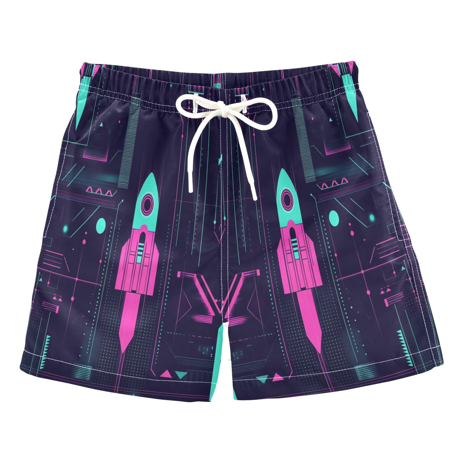 Jucciaco Boys Swim Trunk Quick Dry Beach Board Shorts Neon Rocket Machine Fire Swimwear for Kids