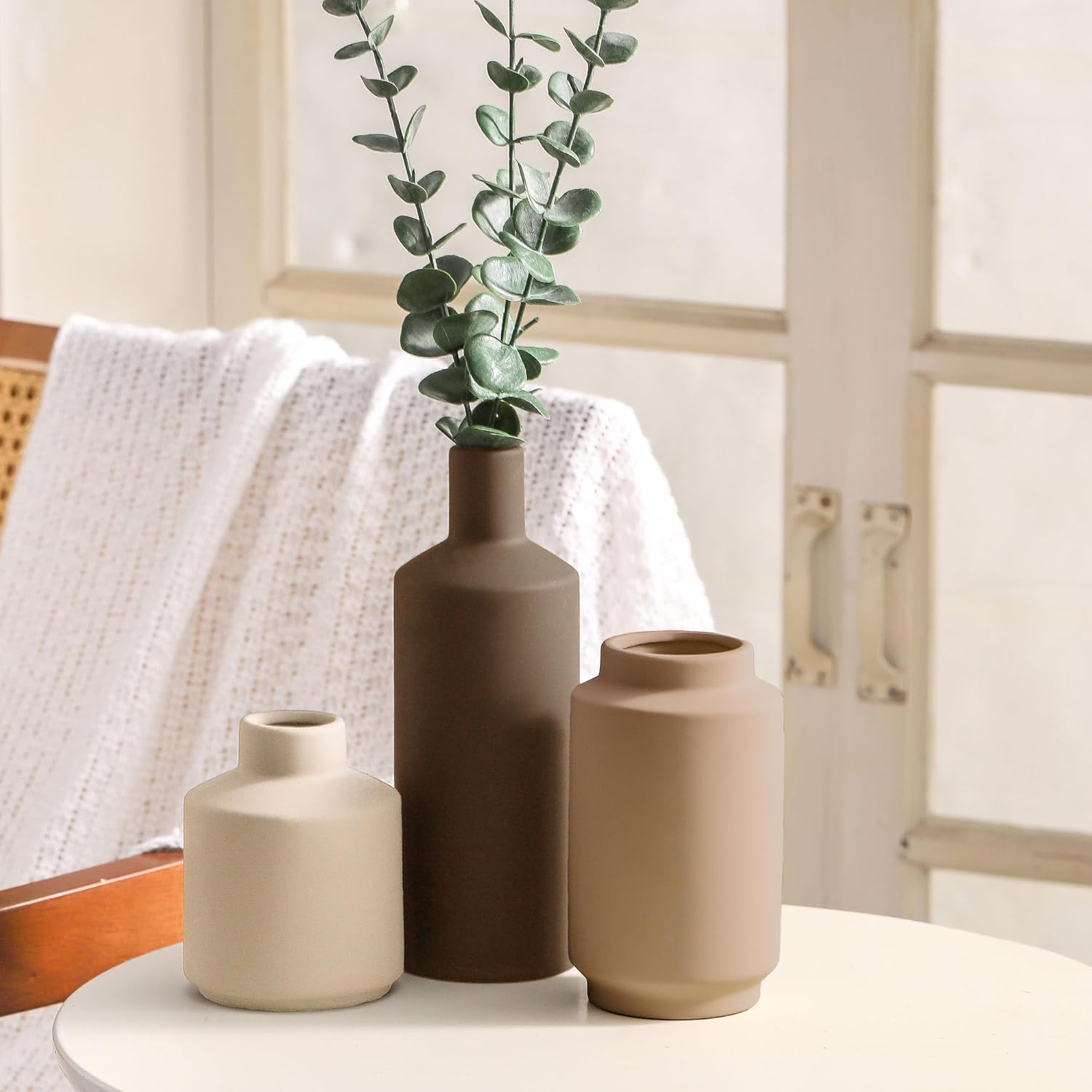Ceramic Vase Set of 3 Terracotta Brown Beige, Modern Small Flower Vases for Home Decor, Boho Farmhouse Rustic Decorative Vases for Living Room Table Shelf Kitchen Bedroom Centerpieces
