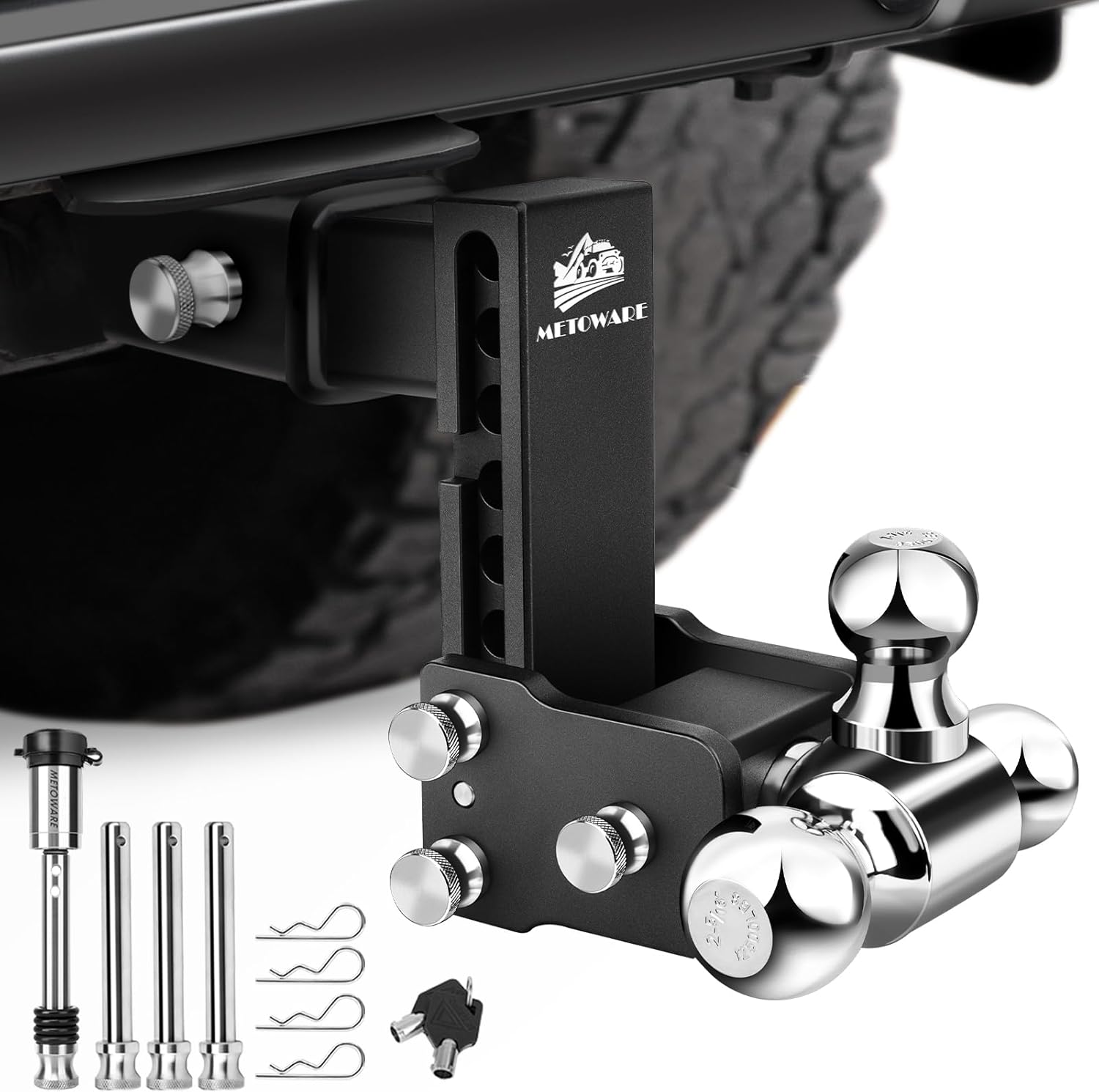 METOWARE Trailer Hitches, Adjustable Trailer Hitch Ball Mount-Fits 2.5" Receiver-Heavy Duty Drop Hitch, Tri-Ball (1-7/8" x 2" x 2-5/16") 6" Drop/Rise, 18,000 GTW and Anti-Theft Stainless Steel Lock
