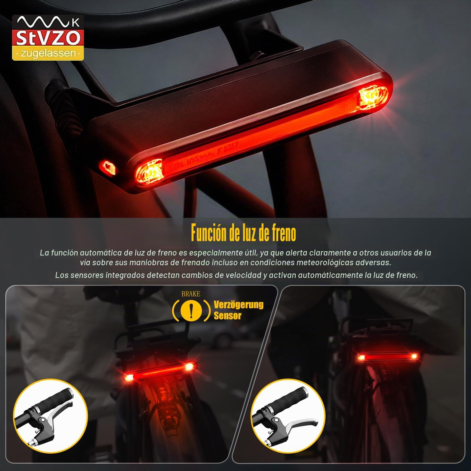 Ebike - Luz trasera para bicicleta eléctrica (6 – 12 V, con luz de freno, homologada por StVZO, luz trasera LED para bicicleta eléctrica con cable, luz trasera segura y fiable, portaequipajes)